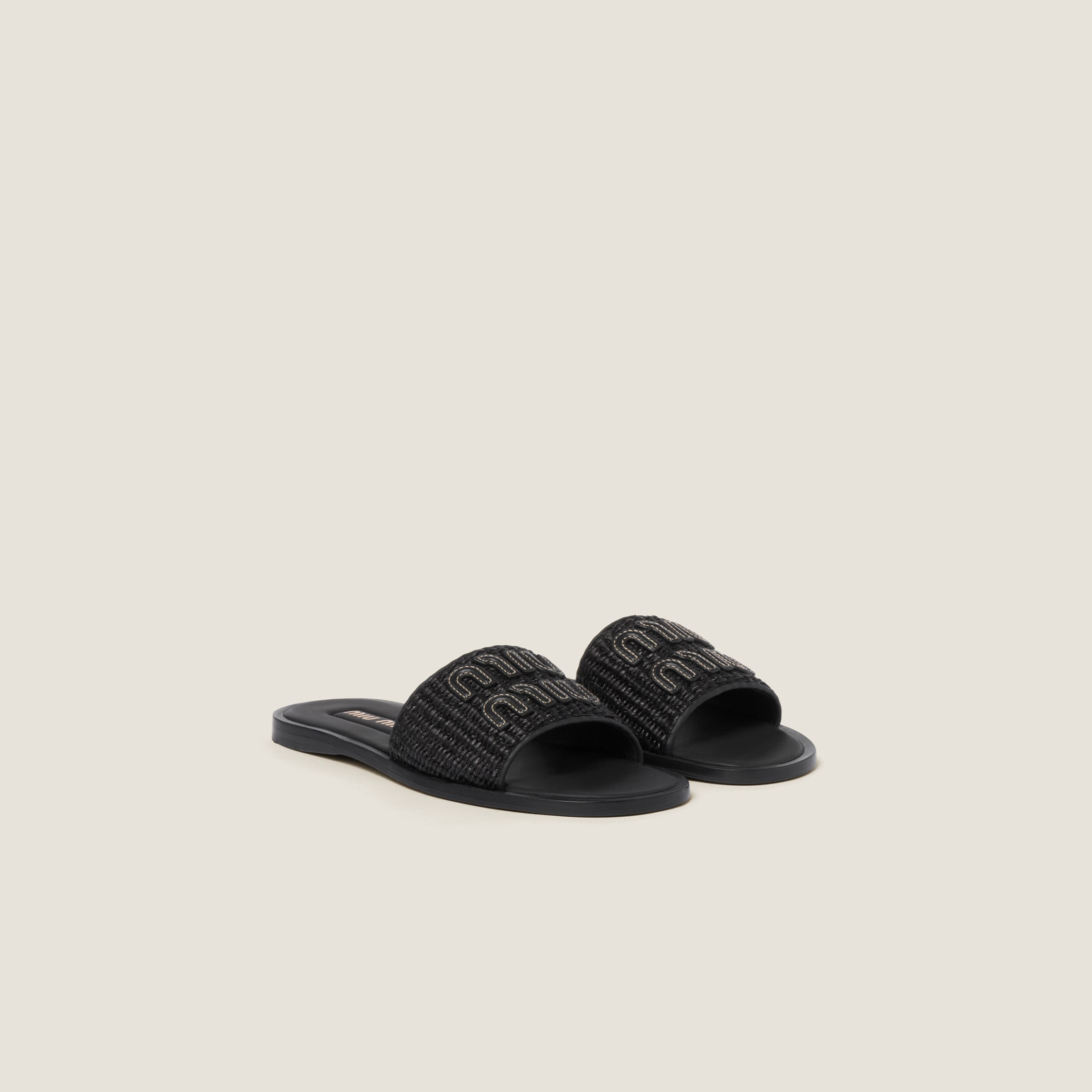 Miumiu Raffia-effect Woven Fabric Slides In Black