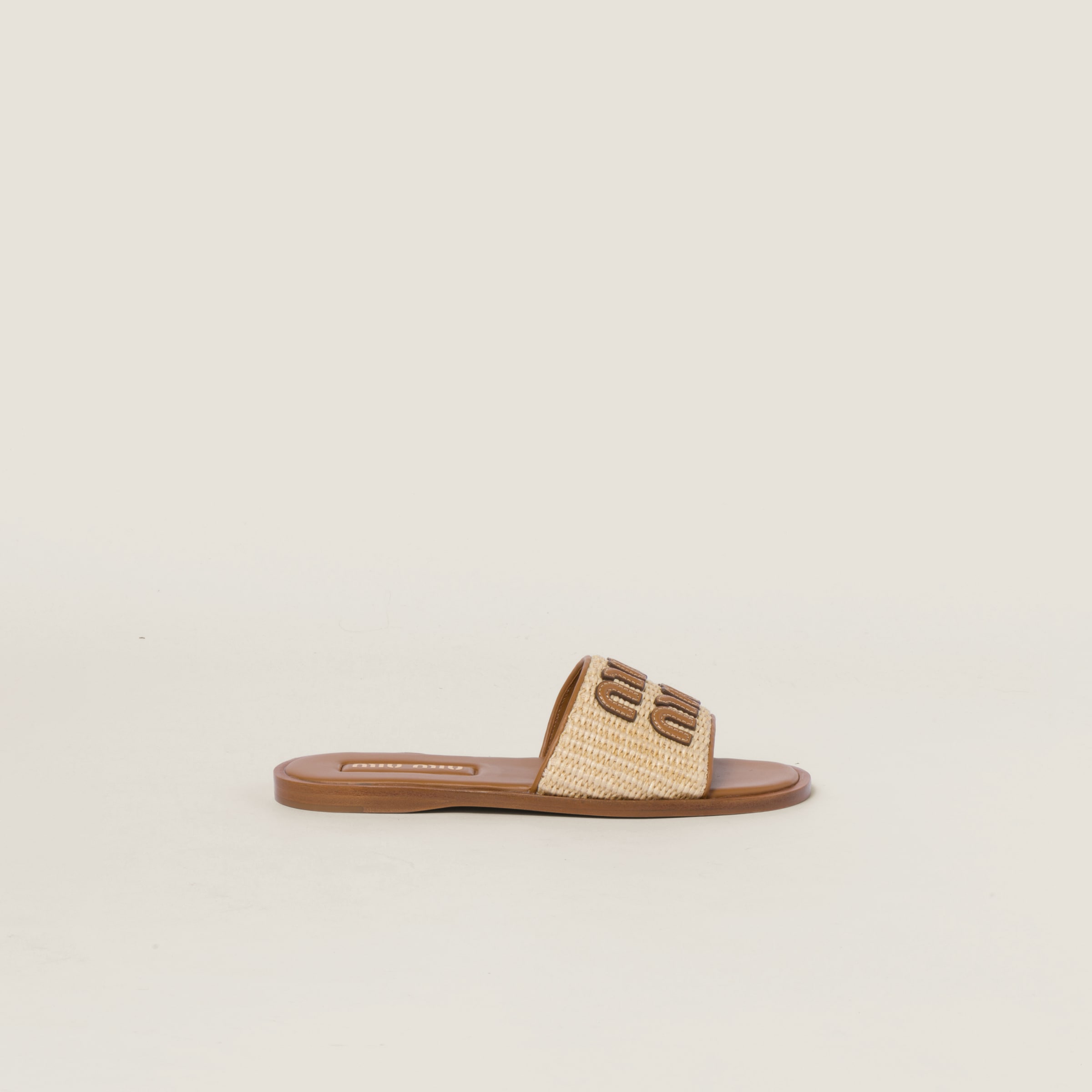 Shop Miumiu Raffia-effect Woven Fabric Slides In Natural