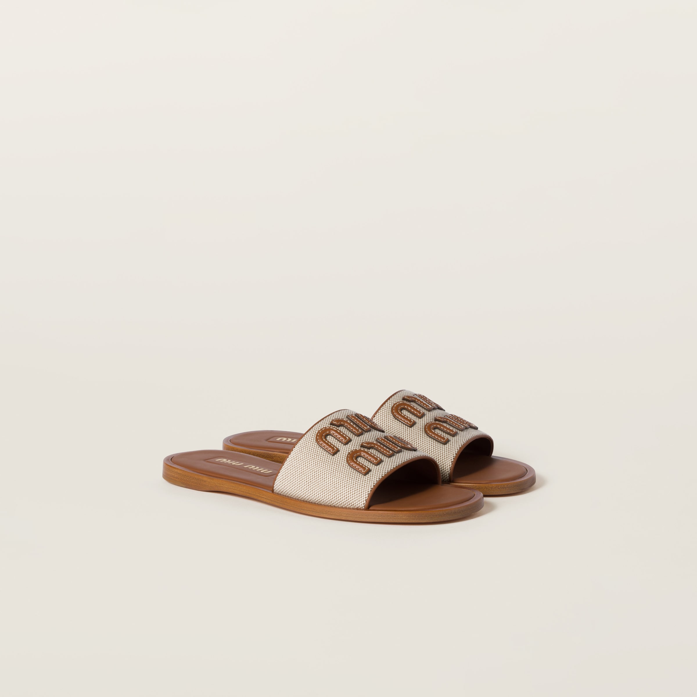 Miu Miu Canvas And Leather Slides In Beige/brandy