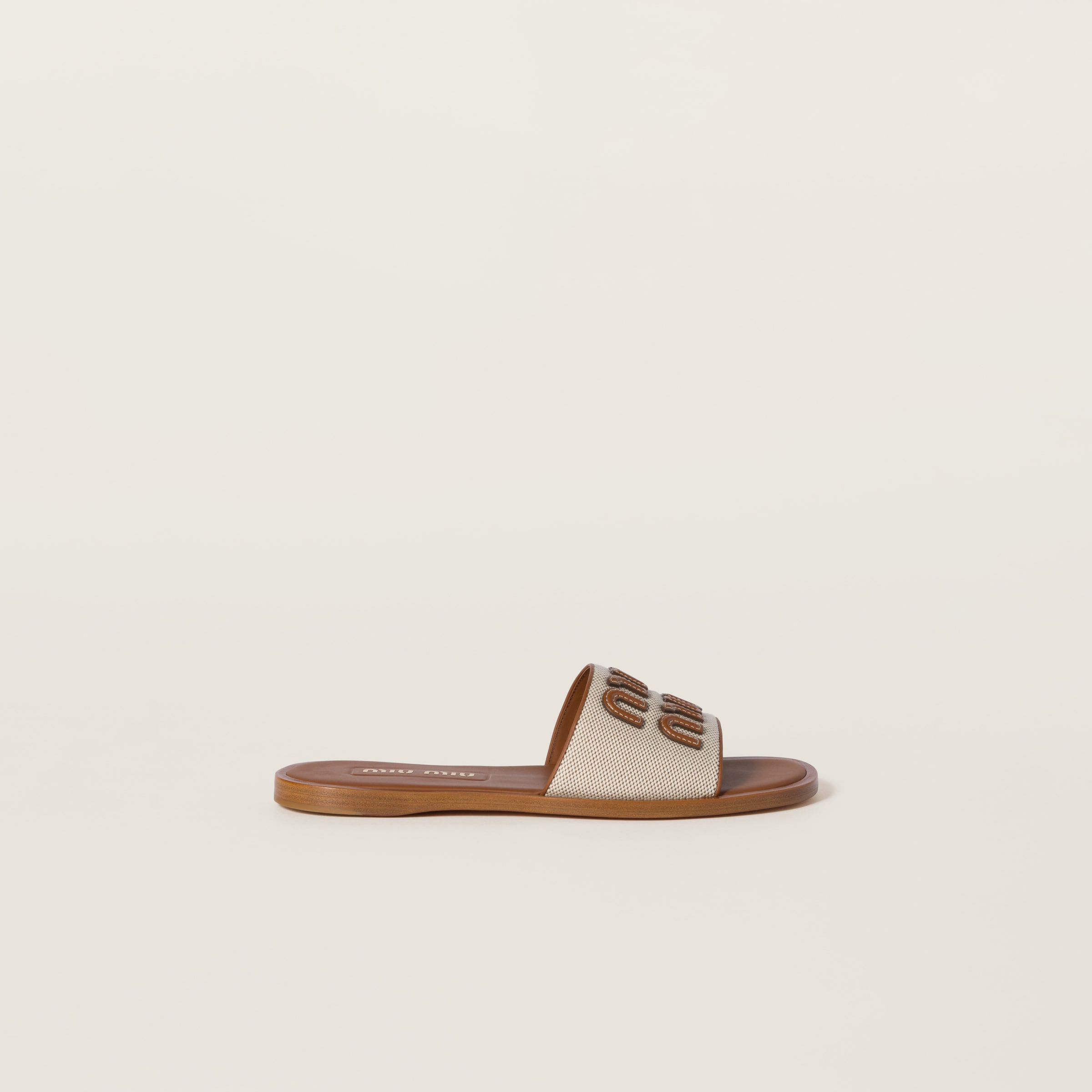 MIU MIU CANVAS AND LEATHER SLIDES