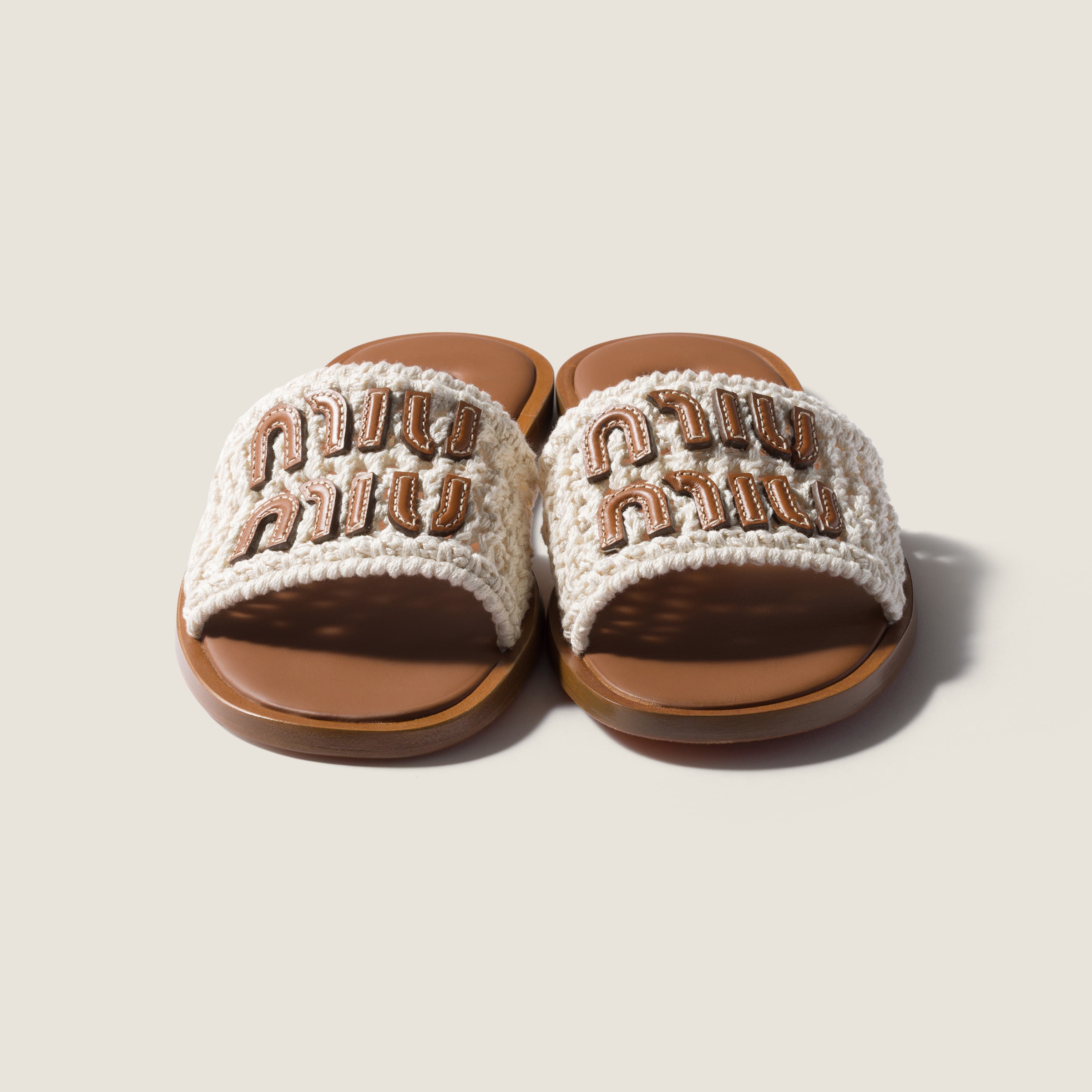 Ivory Crochet And Leather Slides | Miu Miu - United States