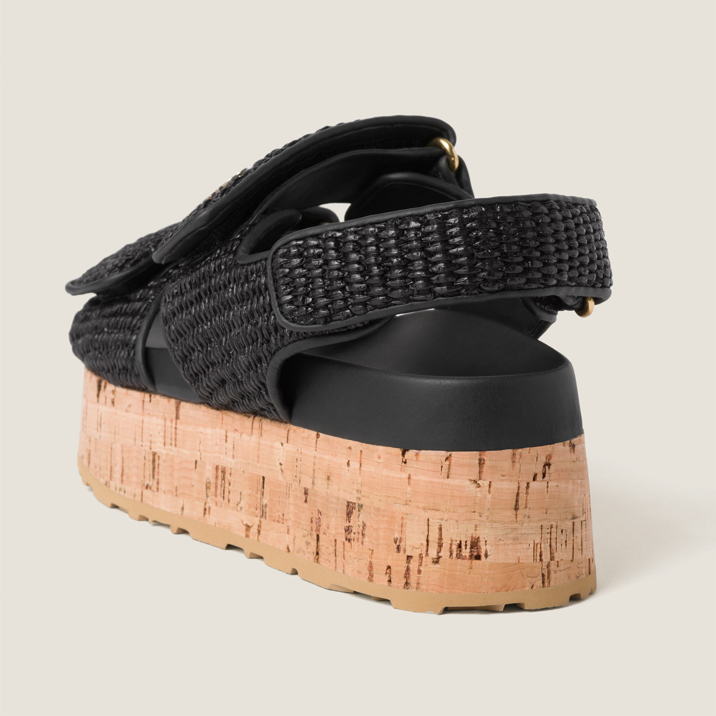 Shop Miumiu Raffia-effect Woven Fabric Wedge Sandals In Black