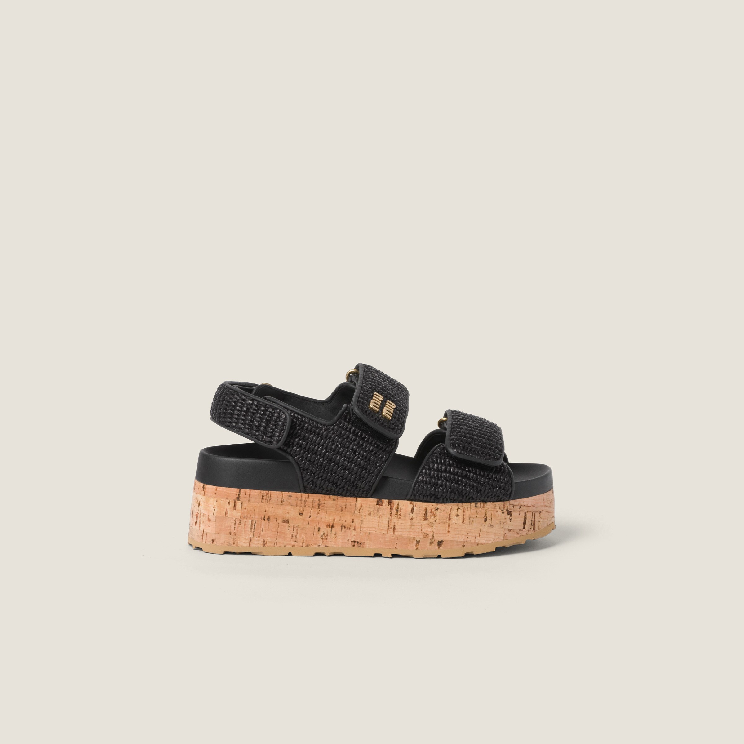 Shop Miumiu Raffia-effect Woven Fabric Wedge Sandals In Black