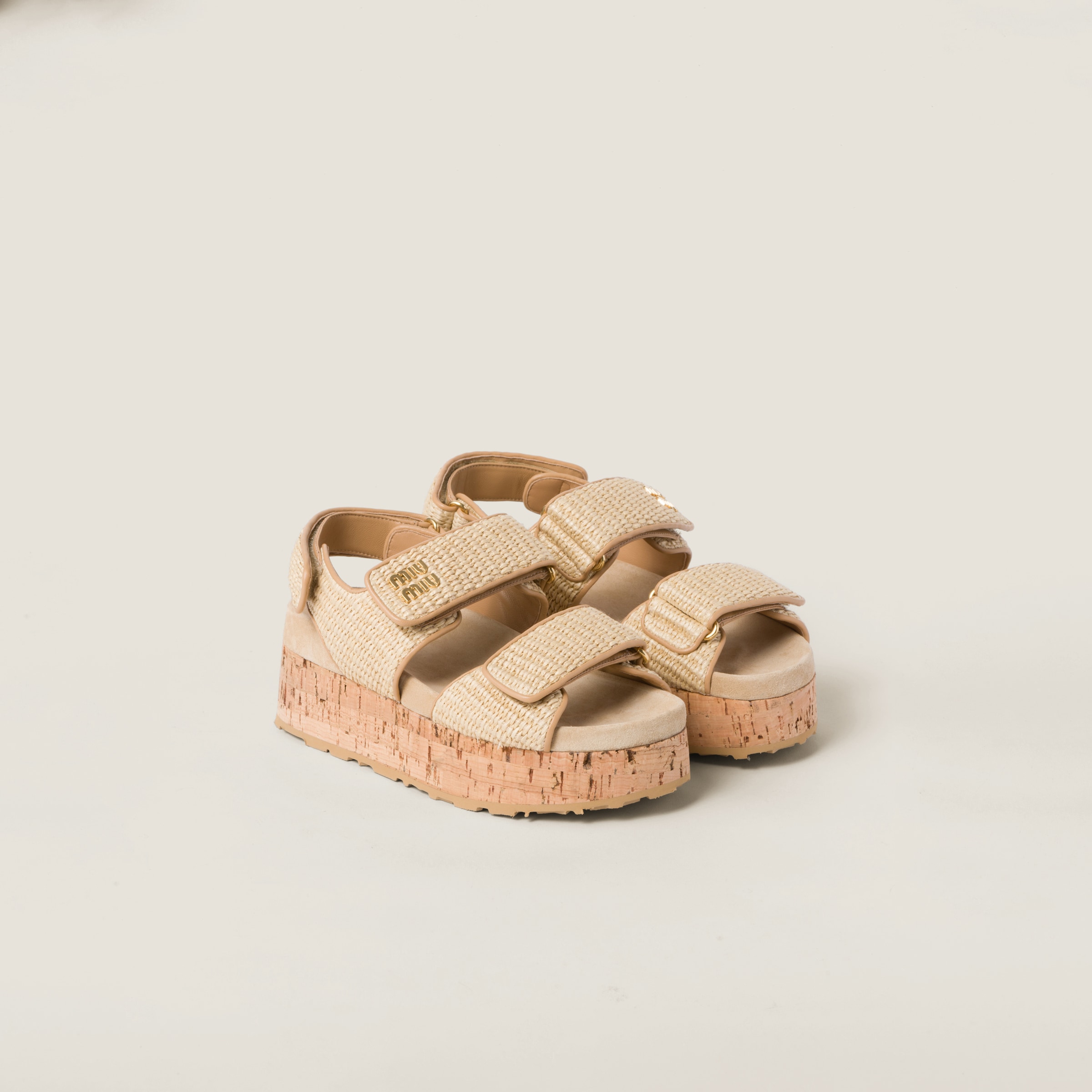 Miumiu Raffia-effect Woven Fabric Flatform Sandals In Natural