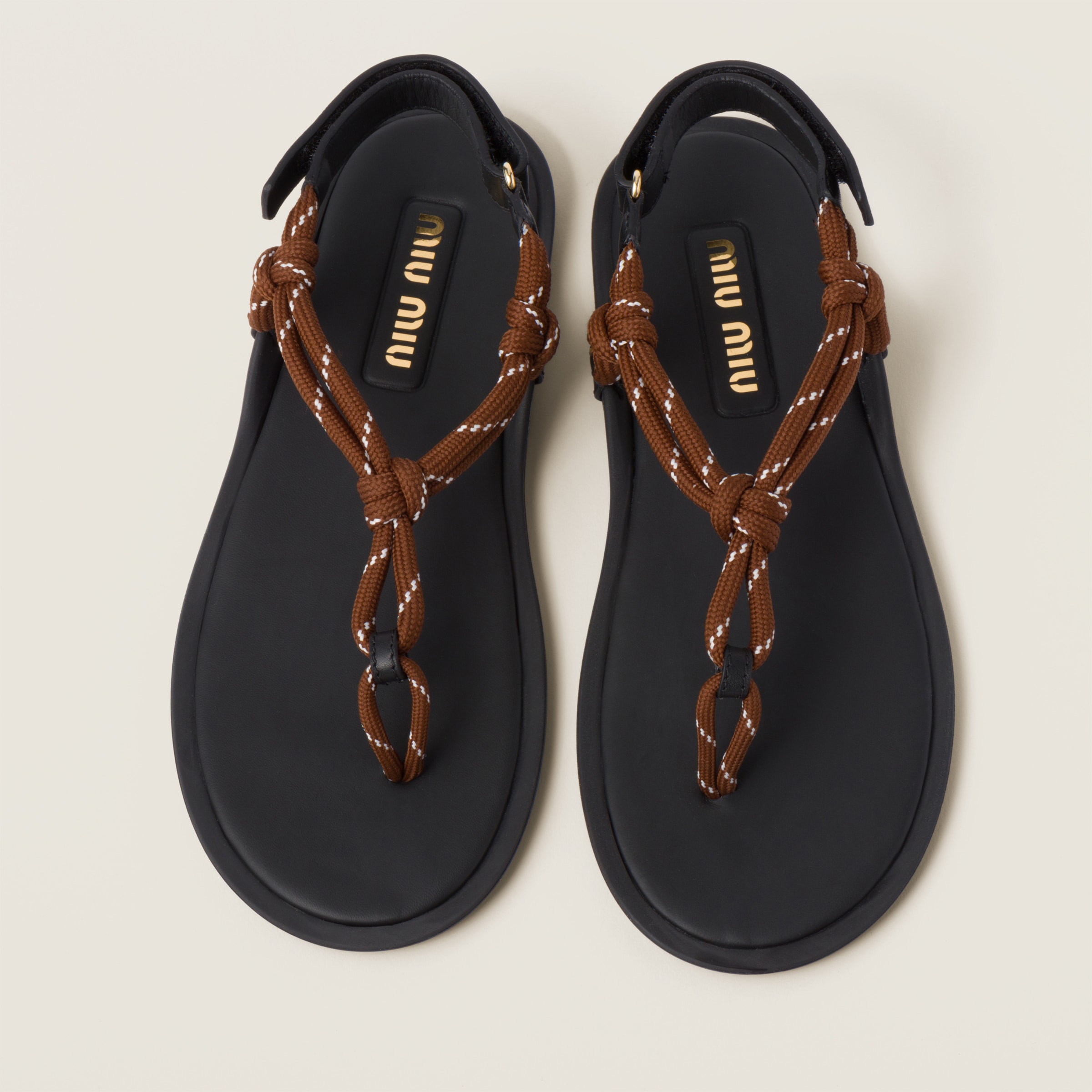 Shop Miumiu Riviere Cord And Leather Sandals In Tobacco