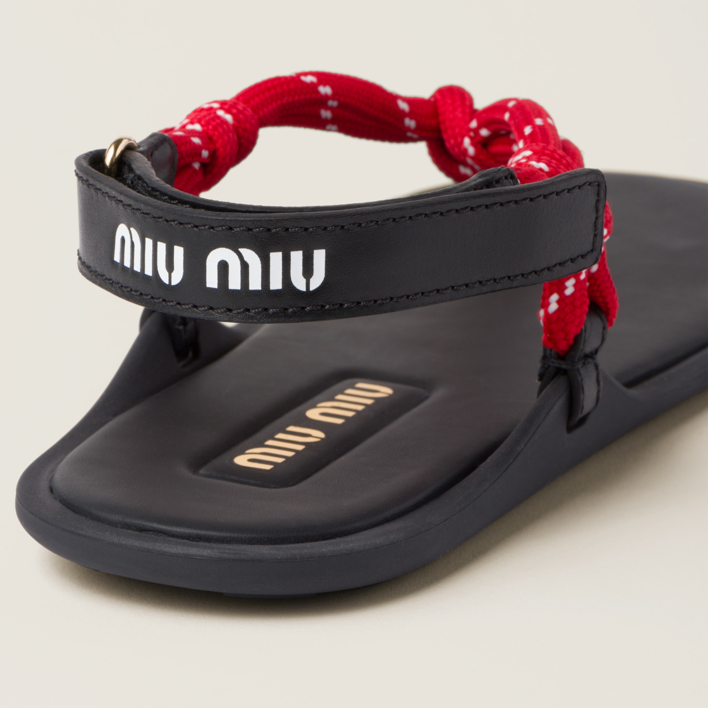 Shop Miumiu Riviere Cord And Leather Sandals In Red