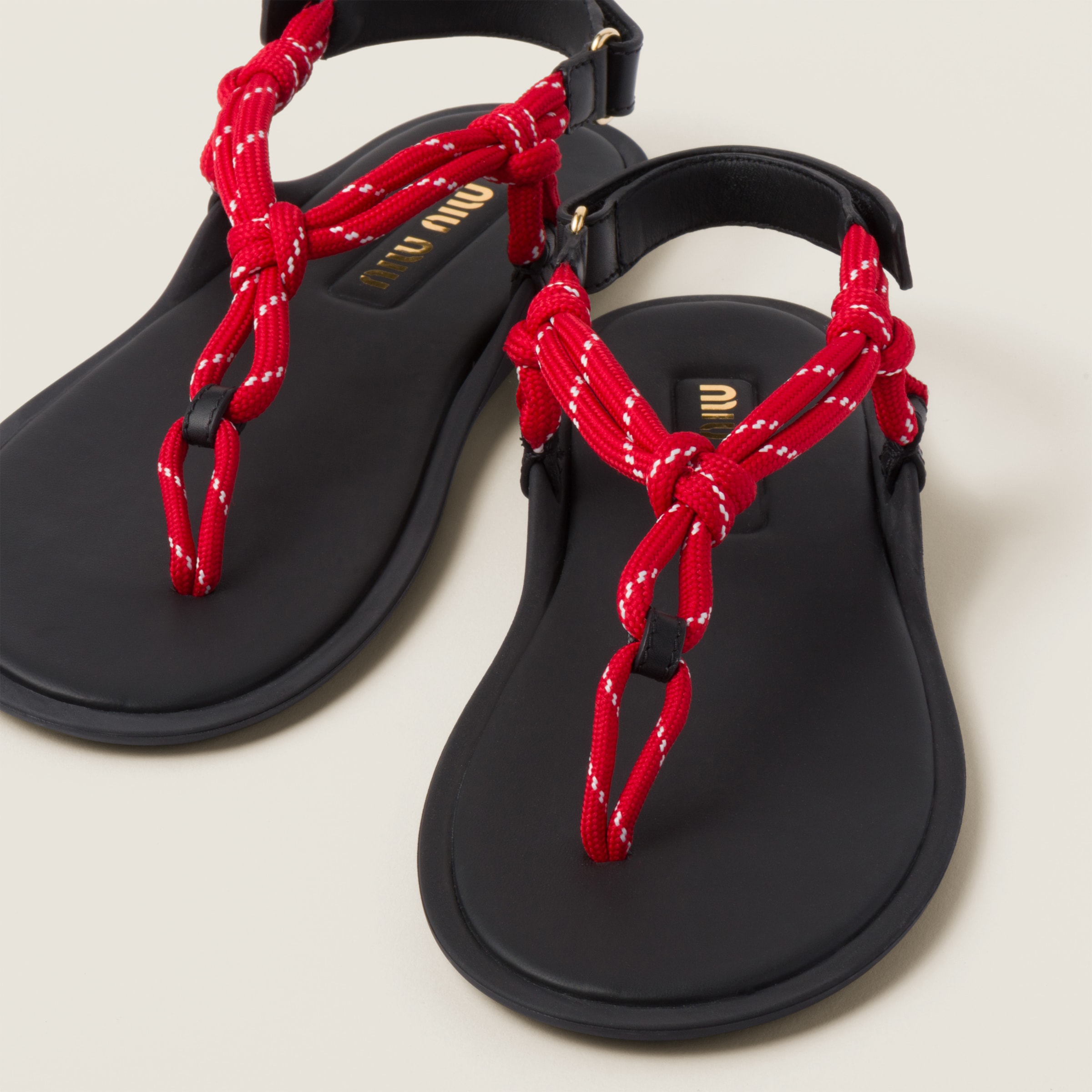 Shop Miumiu Riviere Cord And Leather Sandals In Red