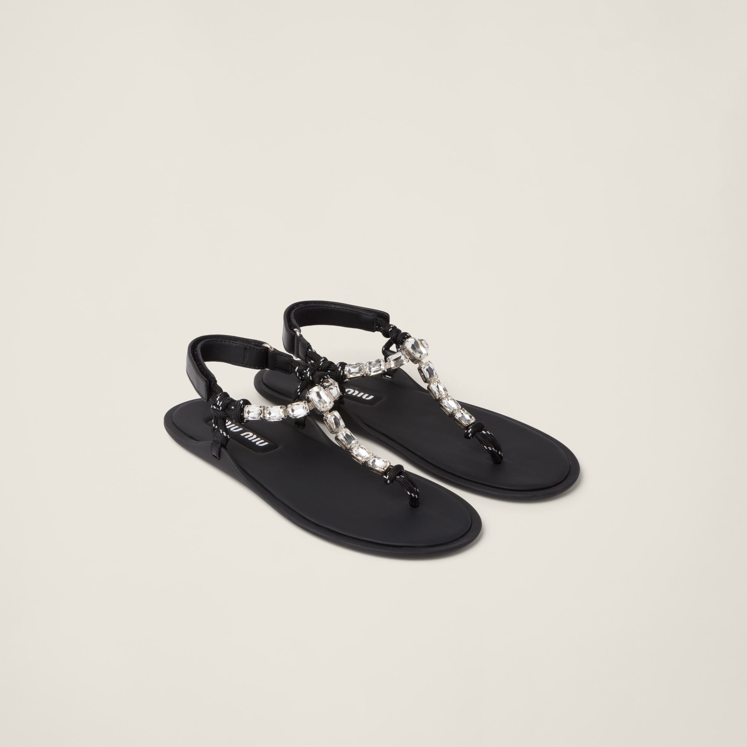 Miumiu Cotton Cord Thong Sandals In Crystal/black