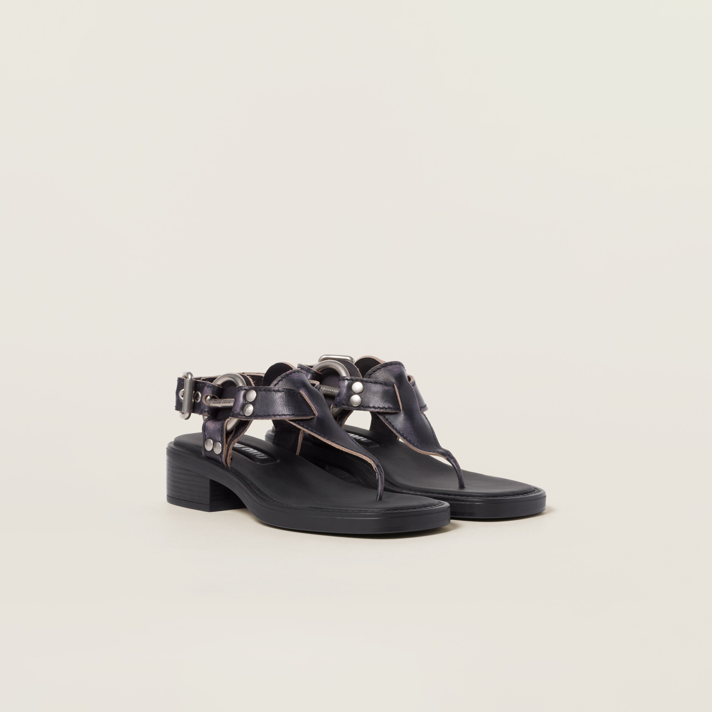 Miumiu Bleached Leather Thong Sandals In Black