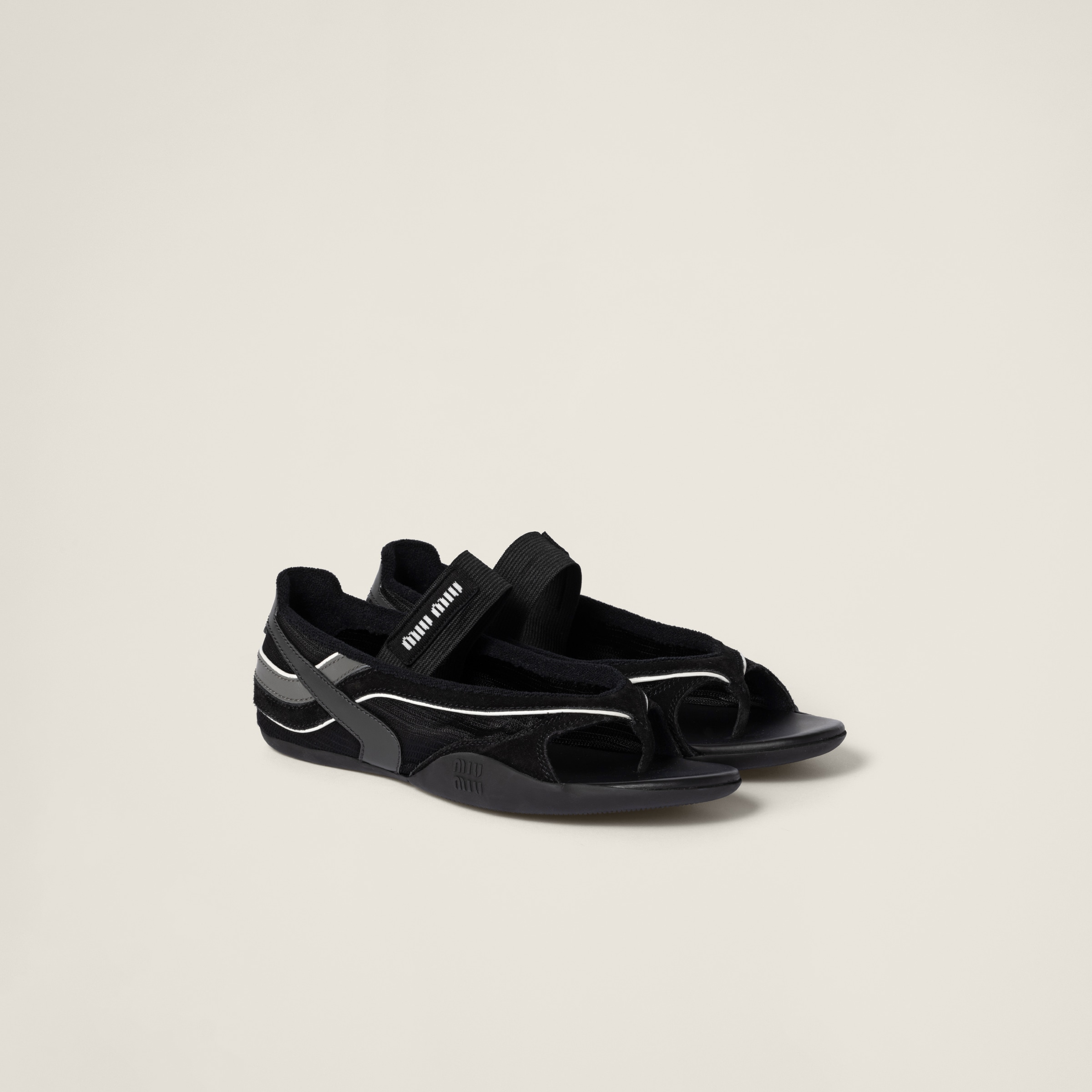 Miu Miu Gymnasium Technical Fabric Thong Ballerinas In Black/anthracite Gray