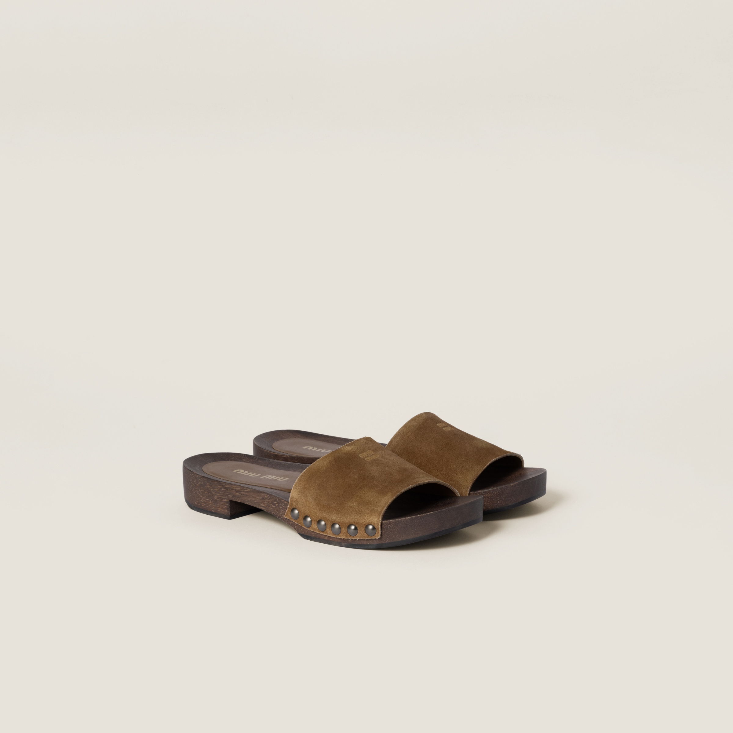 Miu Miu Distressed Suede Clogs Featuring Studded Detail In Cinnamon