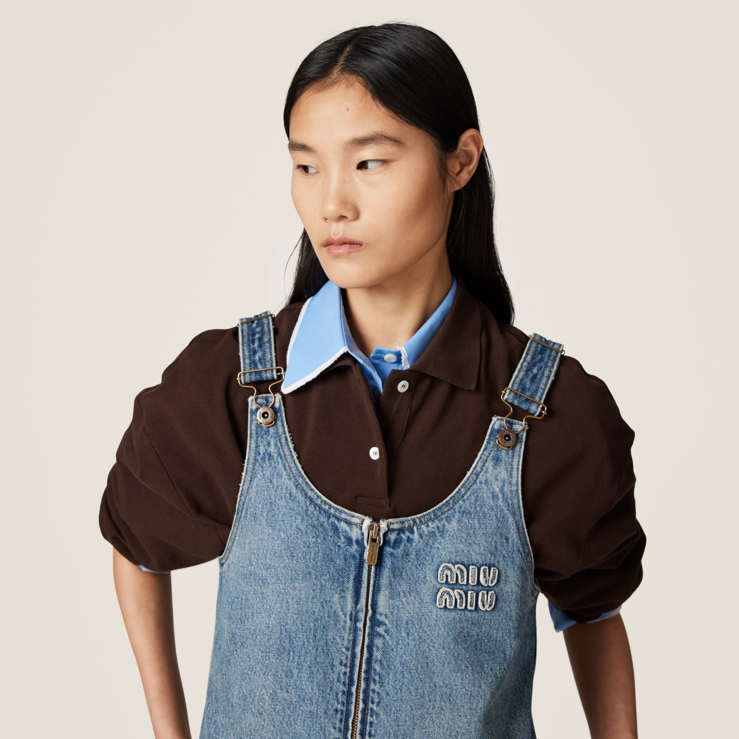 Sapphire Blue Denim And Poplin Zipper Dress | Miu Miu