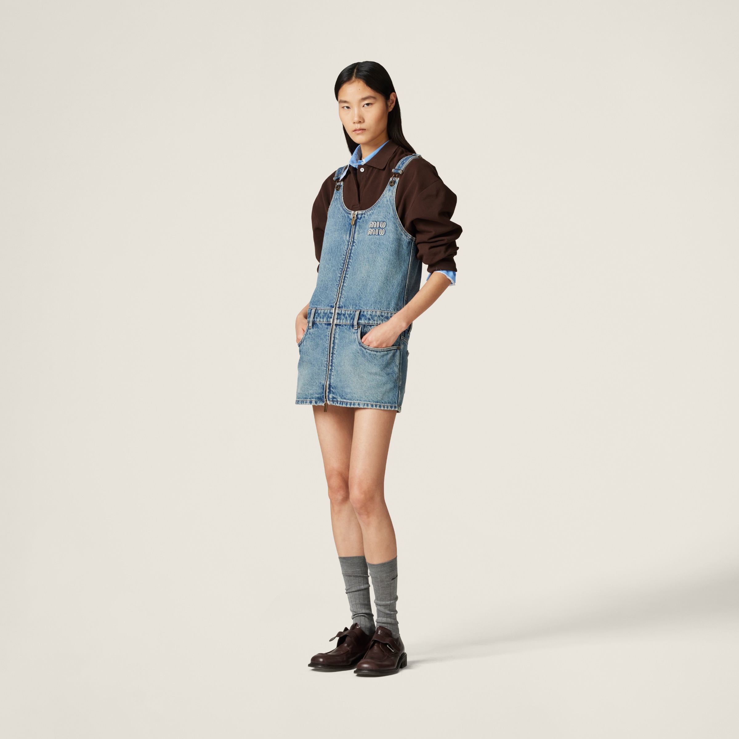 Sapphire Blue Denim And Poplin Zipper Dress | Miu Miu
