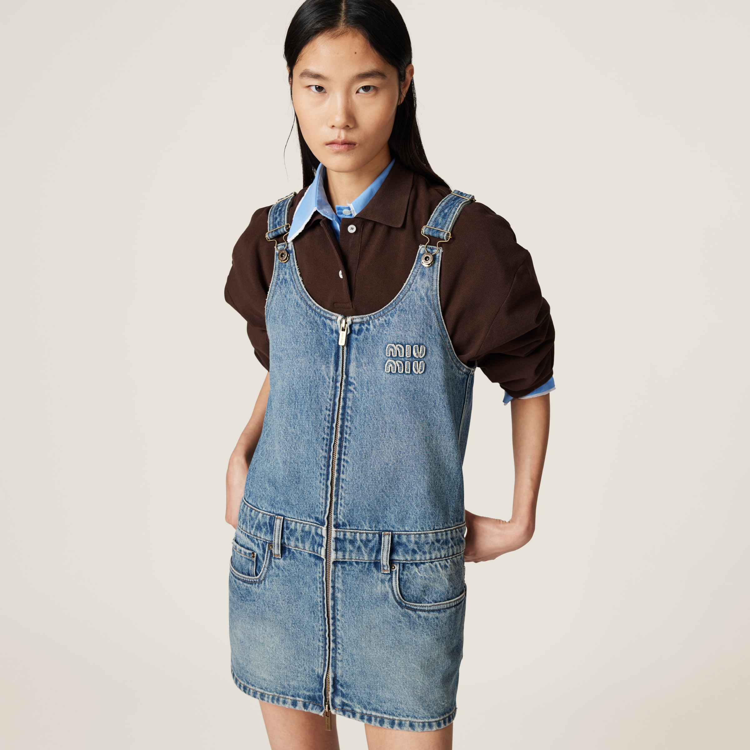【MIUMIU】デニムアンドポプリンジッパードレス/関税送料込み ブルー デニムxポプリン ファスナードレス | Miu Miu