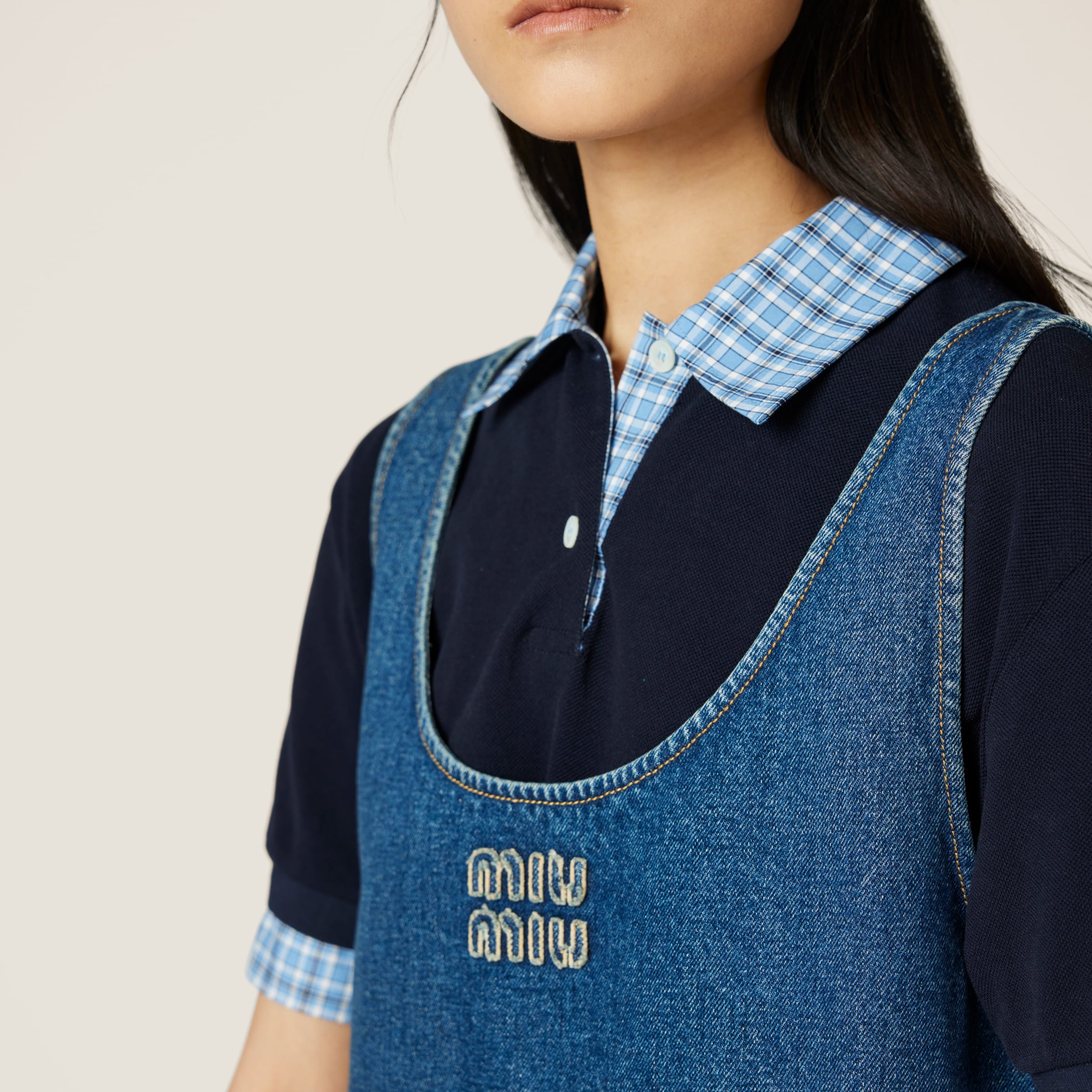 Miu Miu Washed Denim Mini-dress In Navy