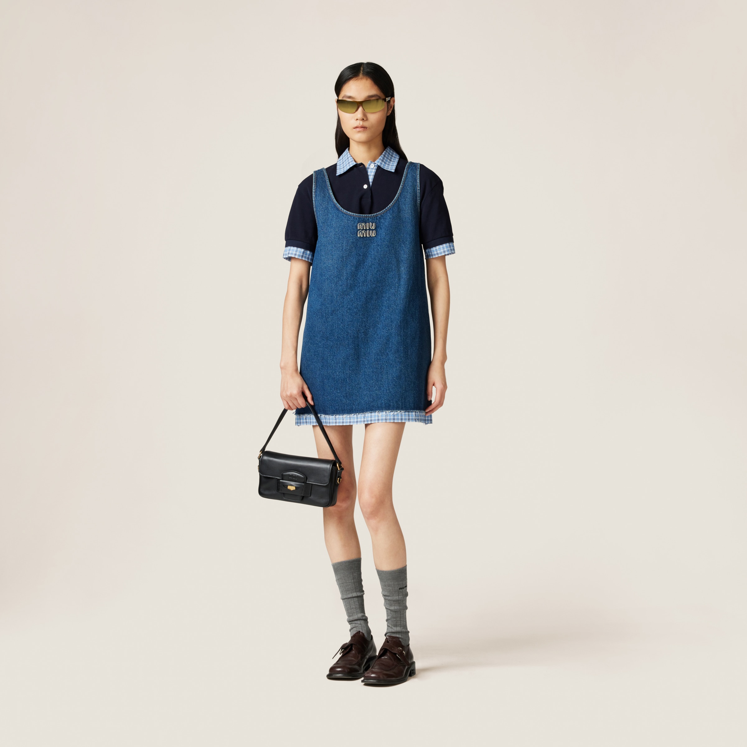 Miu Miu Washed Denim Mini-dress In Navy