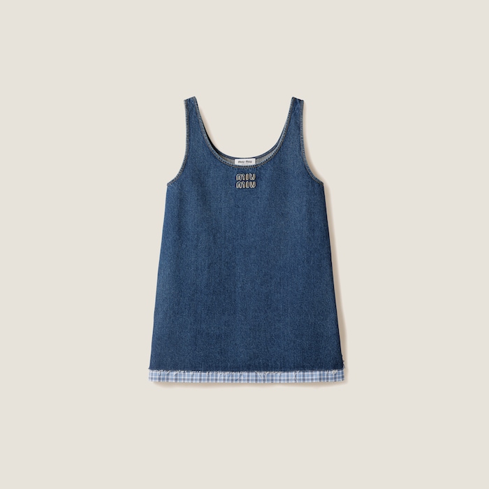 関税込 MiuMiu Washed denim mini-dress ドレス Navy Washed Denim Mini-dress | Miu Miu