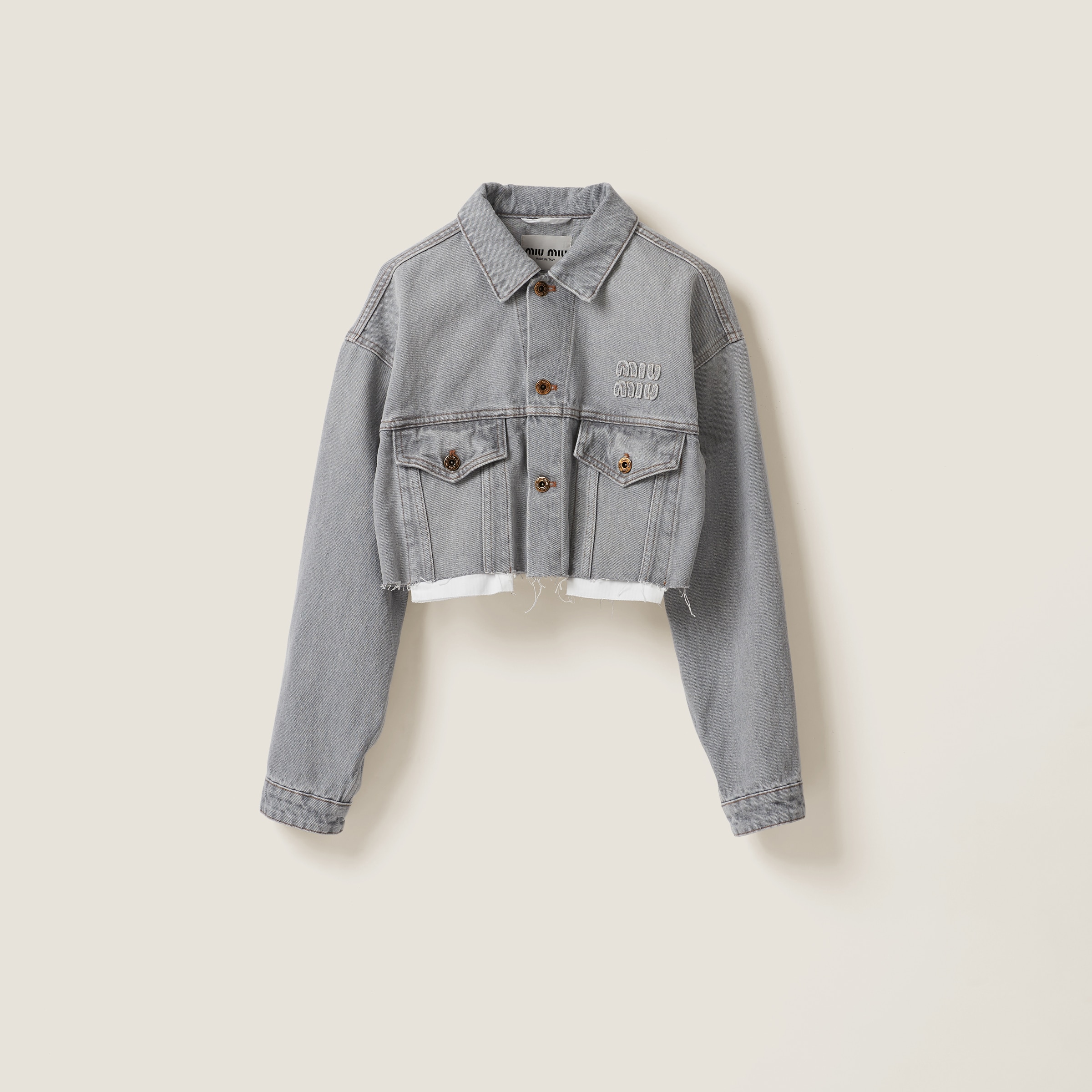 Shop Miu Miu Denim Blouson Jacket In Grey