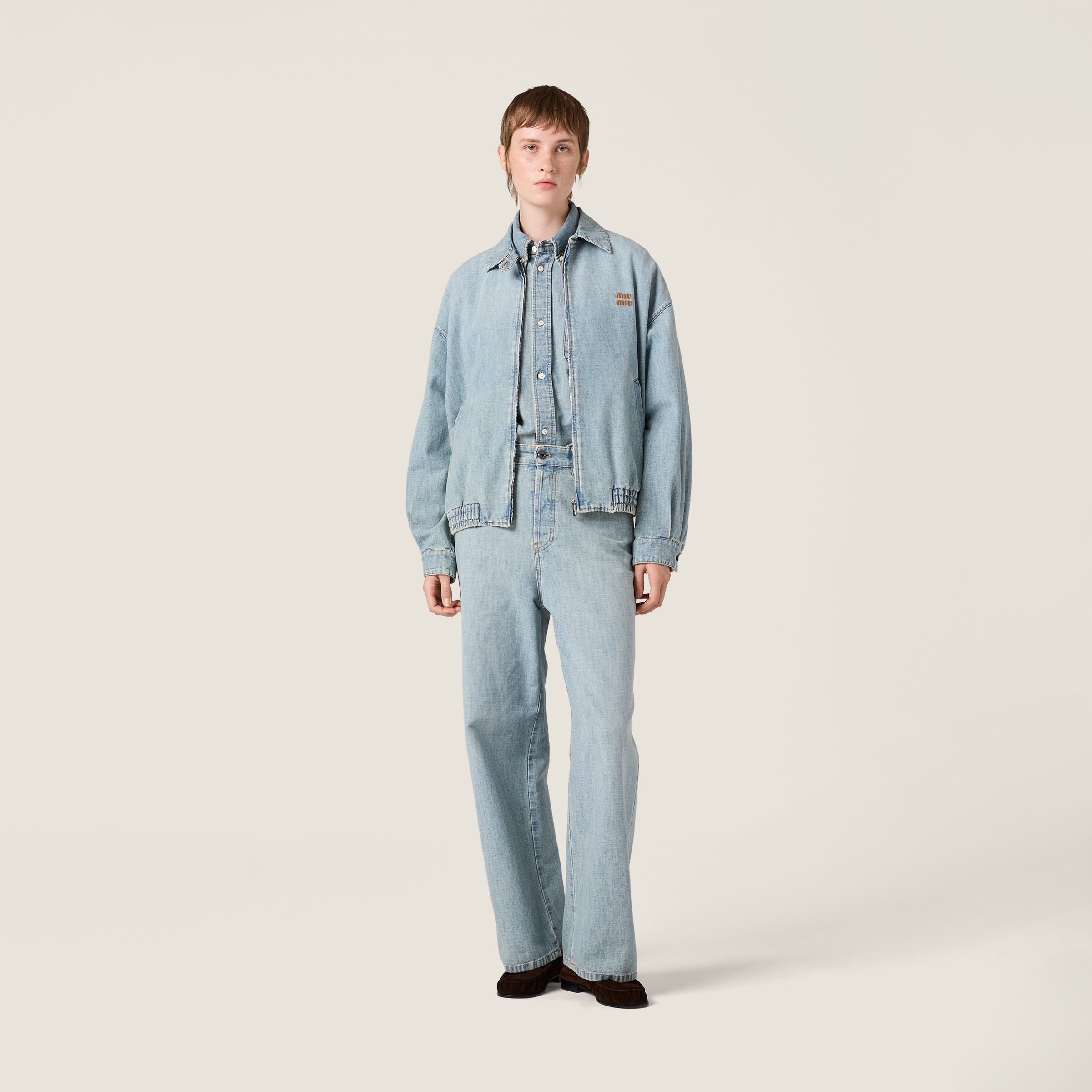 Miu Miu Chambray Blouson Jacket In Green