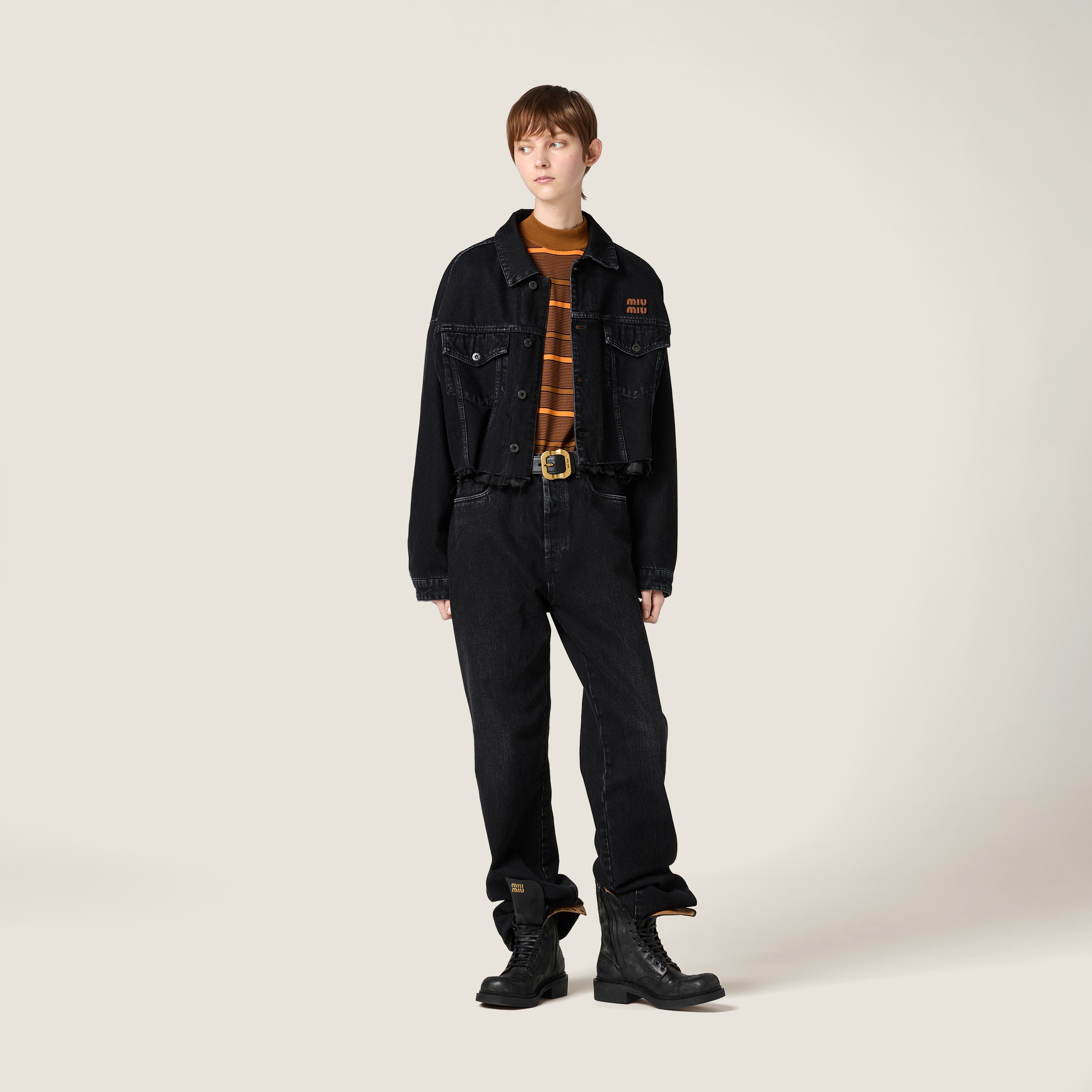 Miu Miu Cropped Jacket With Long Sleeves And Frayed Hem In Black