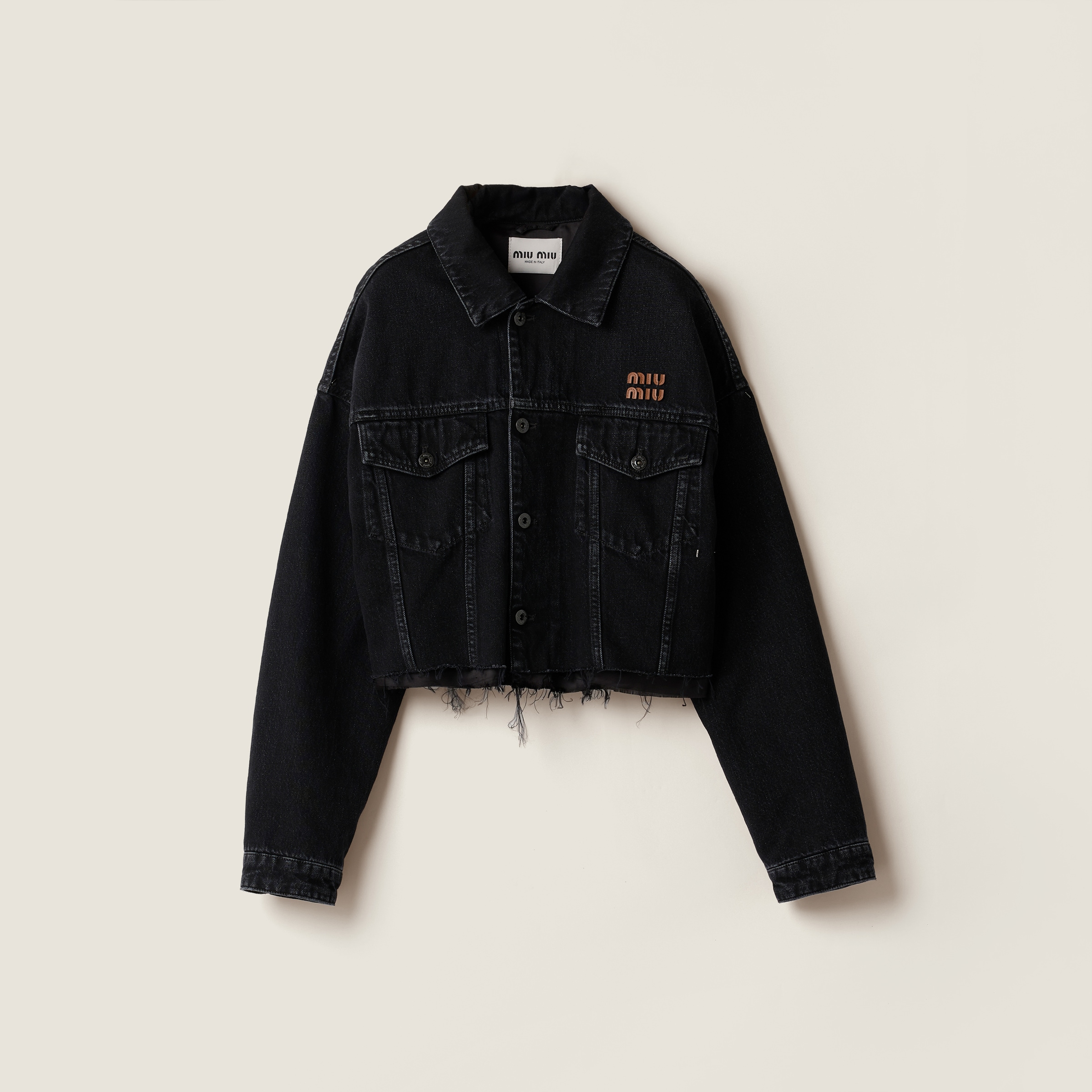 Miu Miu Cropped Jacket With Long Sleeves And Frayed Hem In Black
