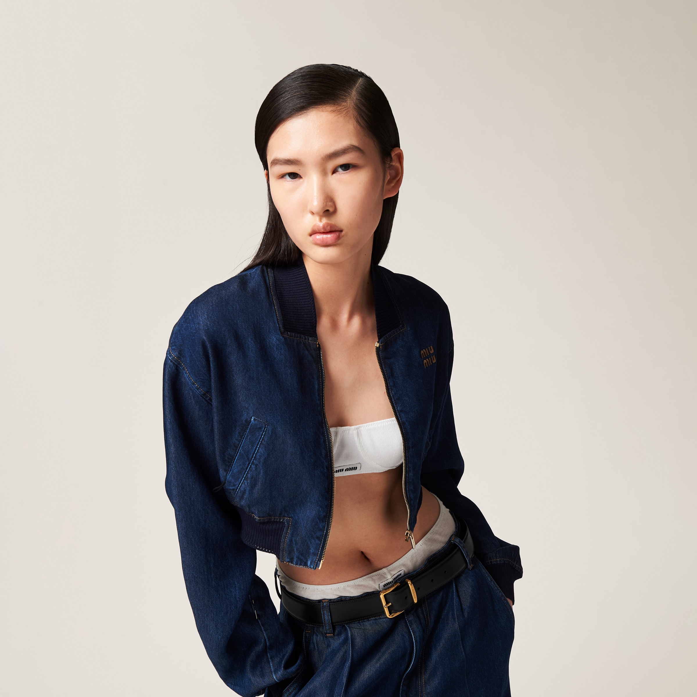 Miu Miu Denim Blouson Jacket In Navy