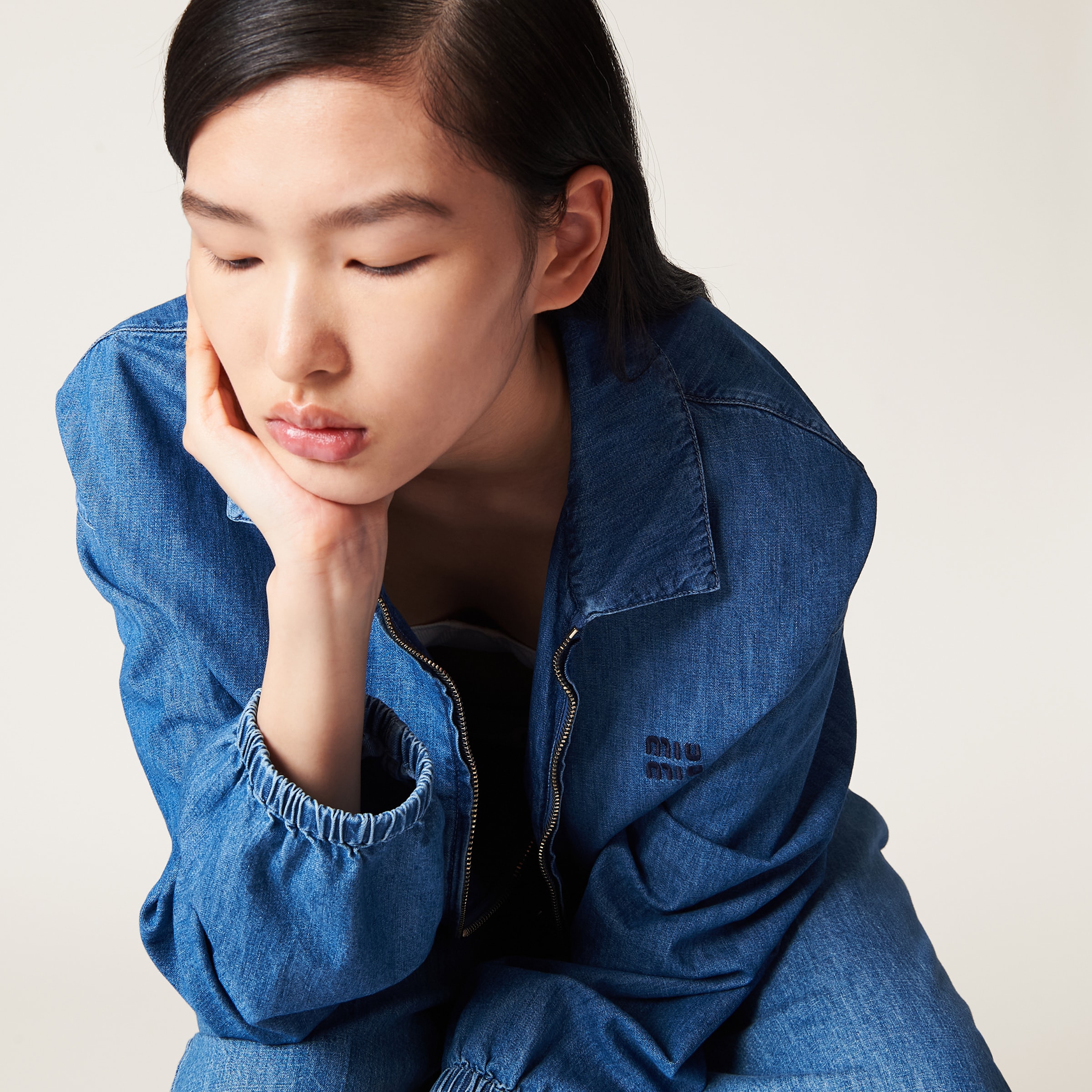 Sapphire Blue Chambray Blouson Jacket | Miu Miu Sapphire Blue Chambray Blouson Jacket | Miu Miu