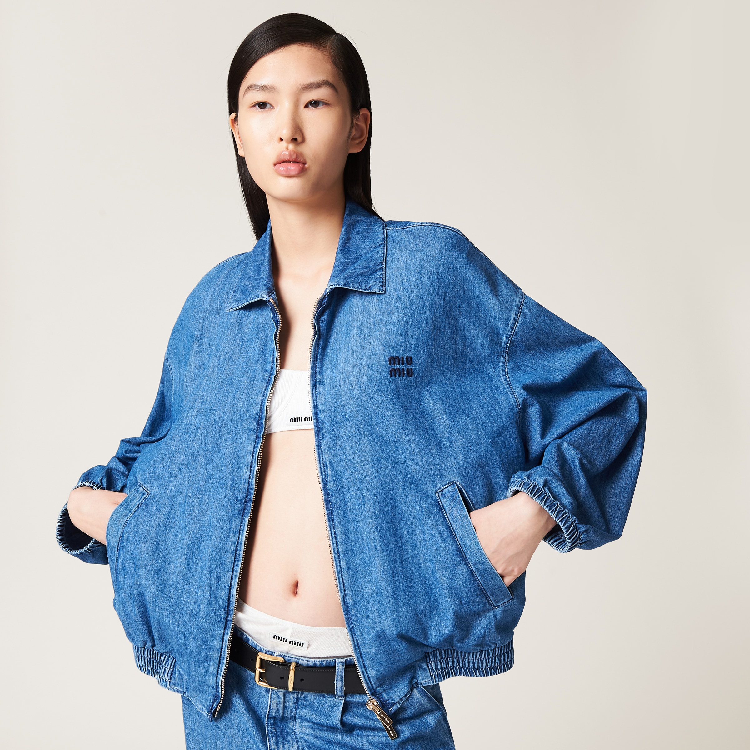 Sapphire Blue Chambray Blouson Jacket Miu Miu