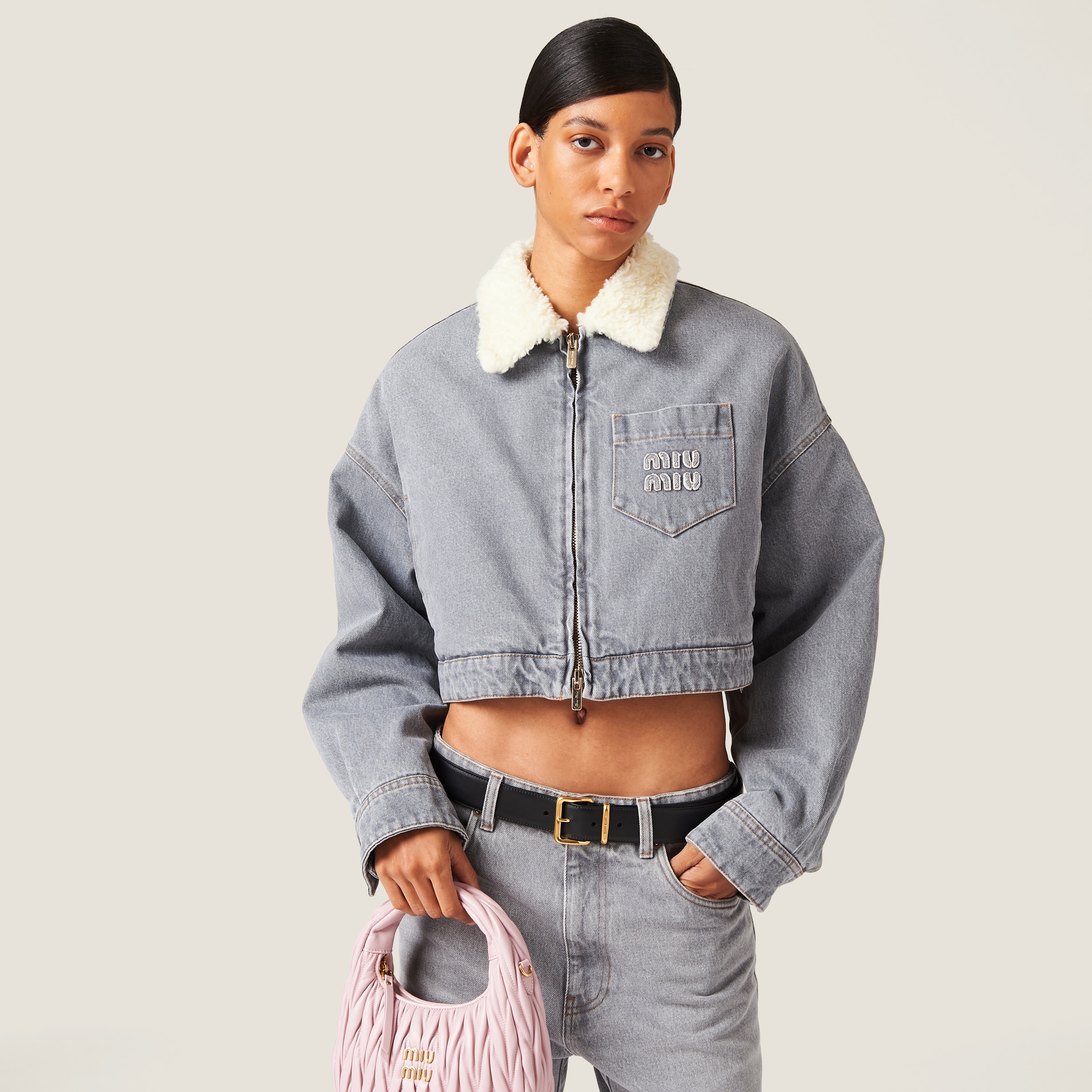 Grey Embroidered Denim Blouson Jacket | Miu Miu