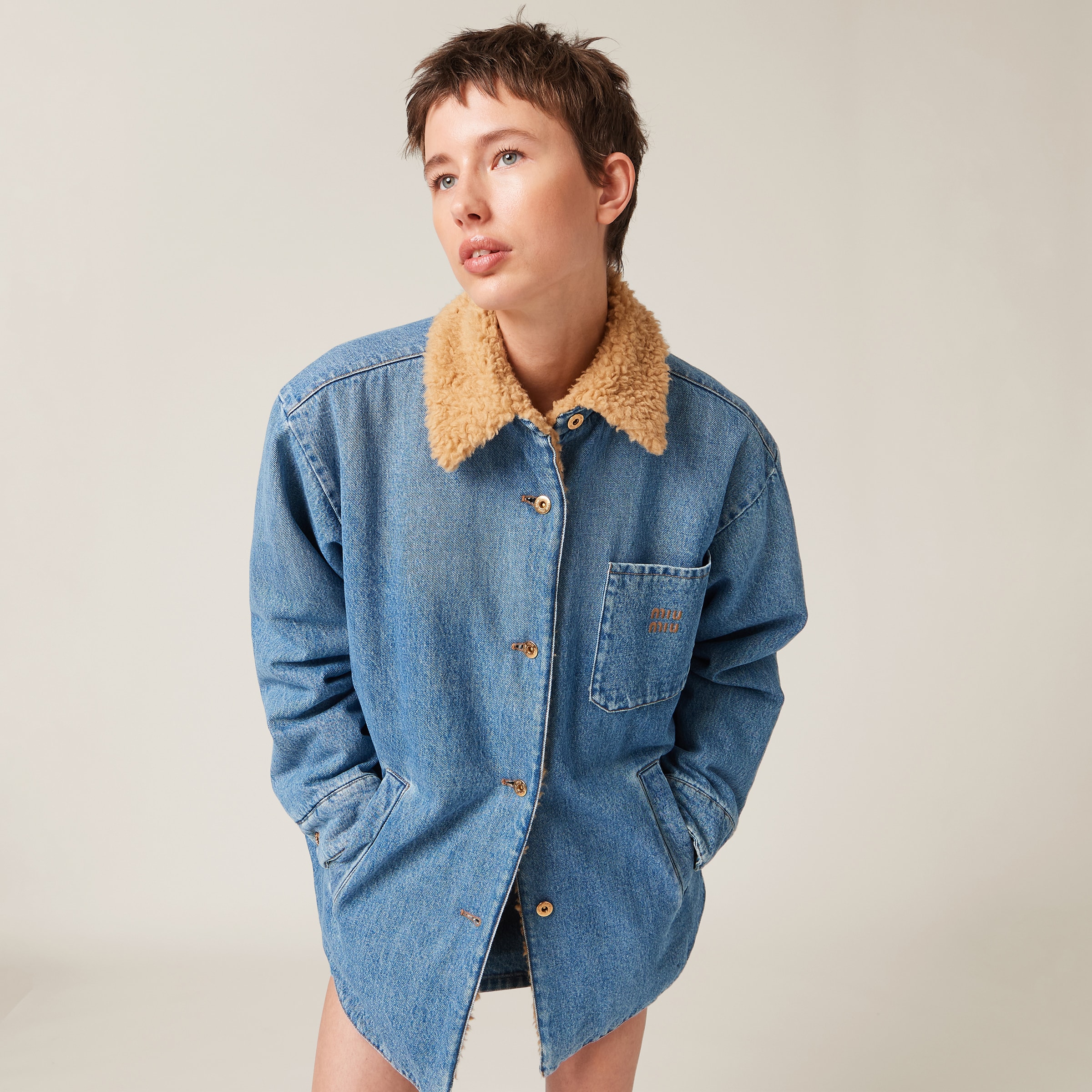Sapphire Blue Embroidered Denim Blouson Jacket | Miu Miu