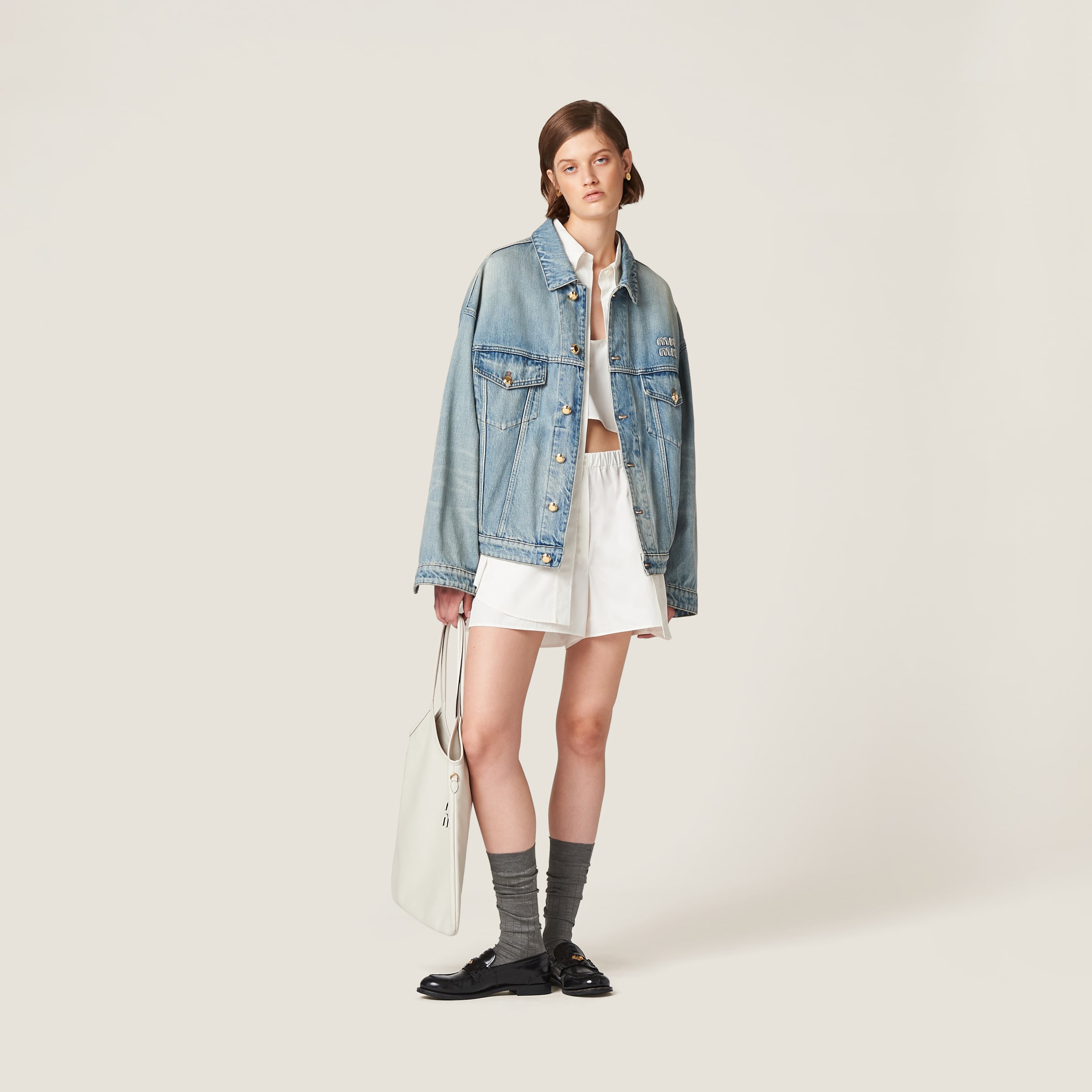 Shop Miu Miu Denim Blouson Jacket In Light Blue