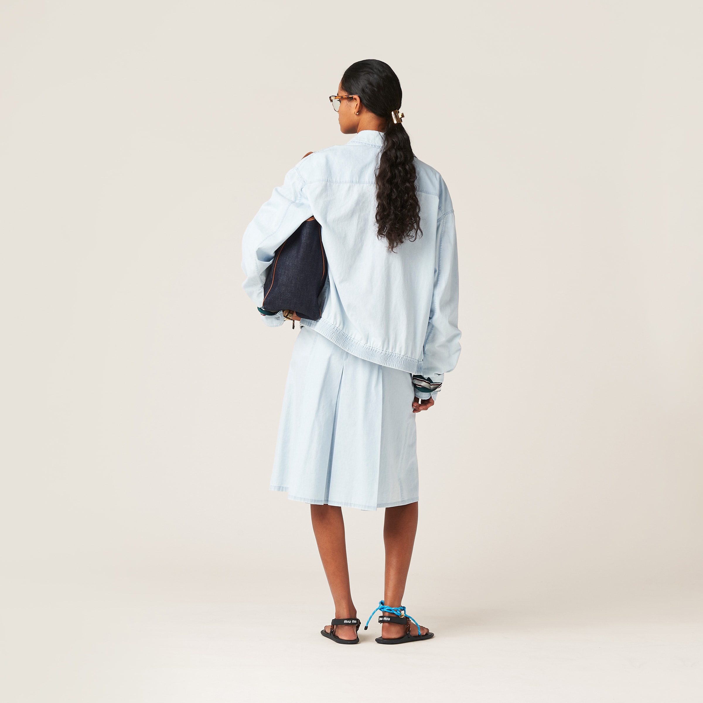 Miu Miu Chambray Blouson Jacket In Light Blue