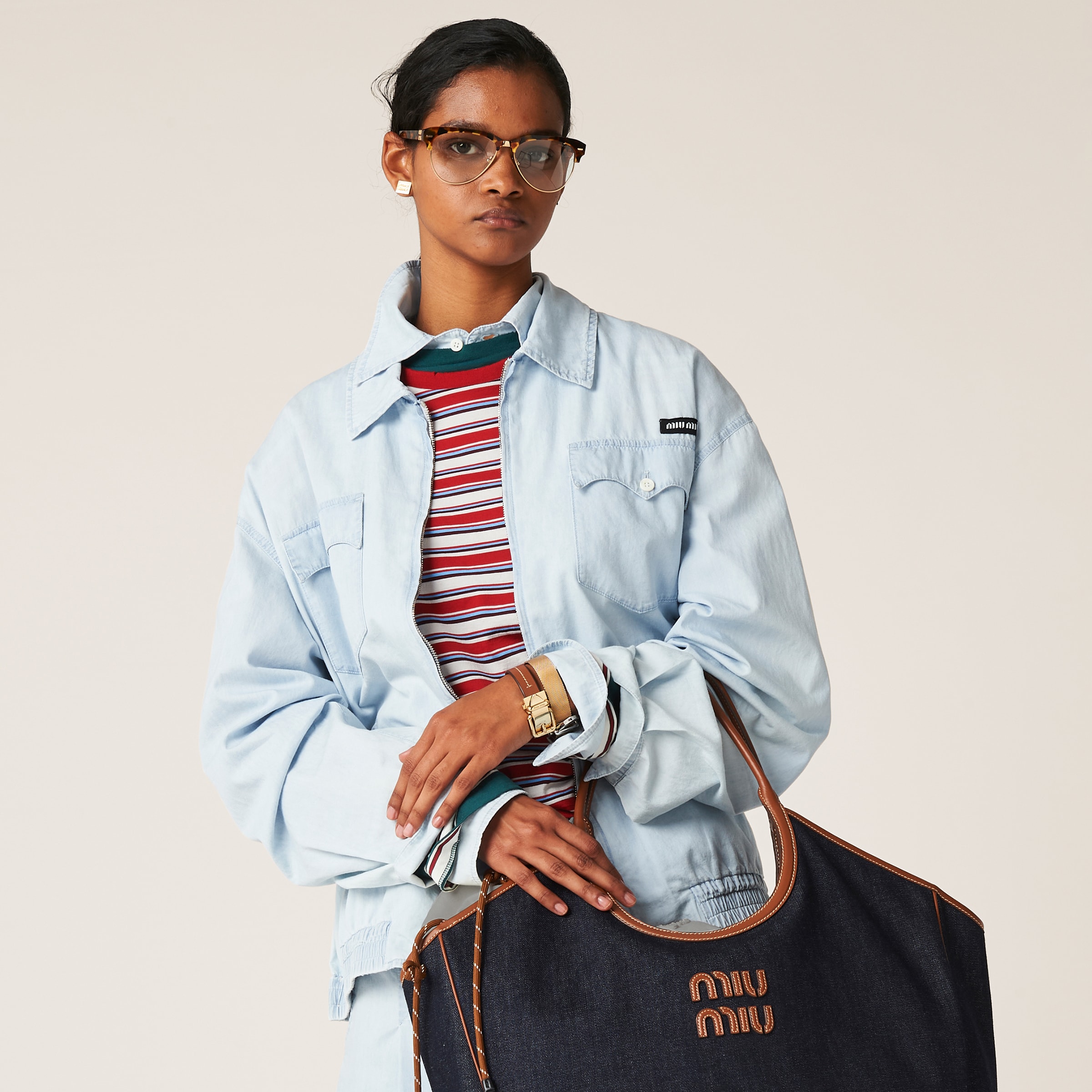 ライトブルー シャンブレー ブルゾンジャケット | Miu Miu