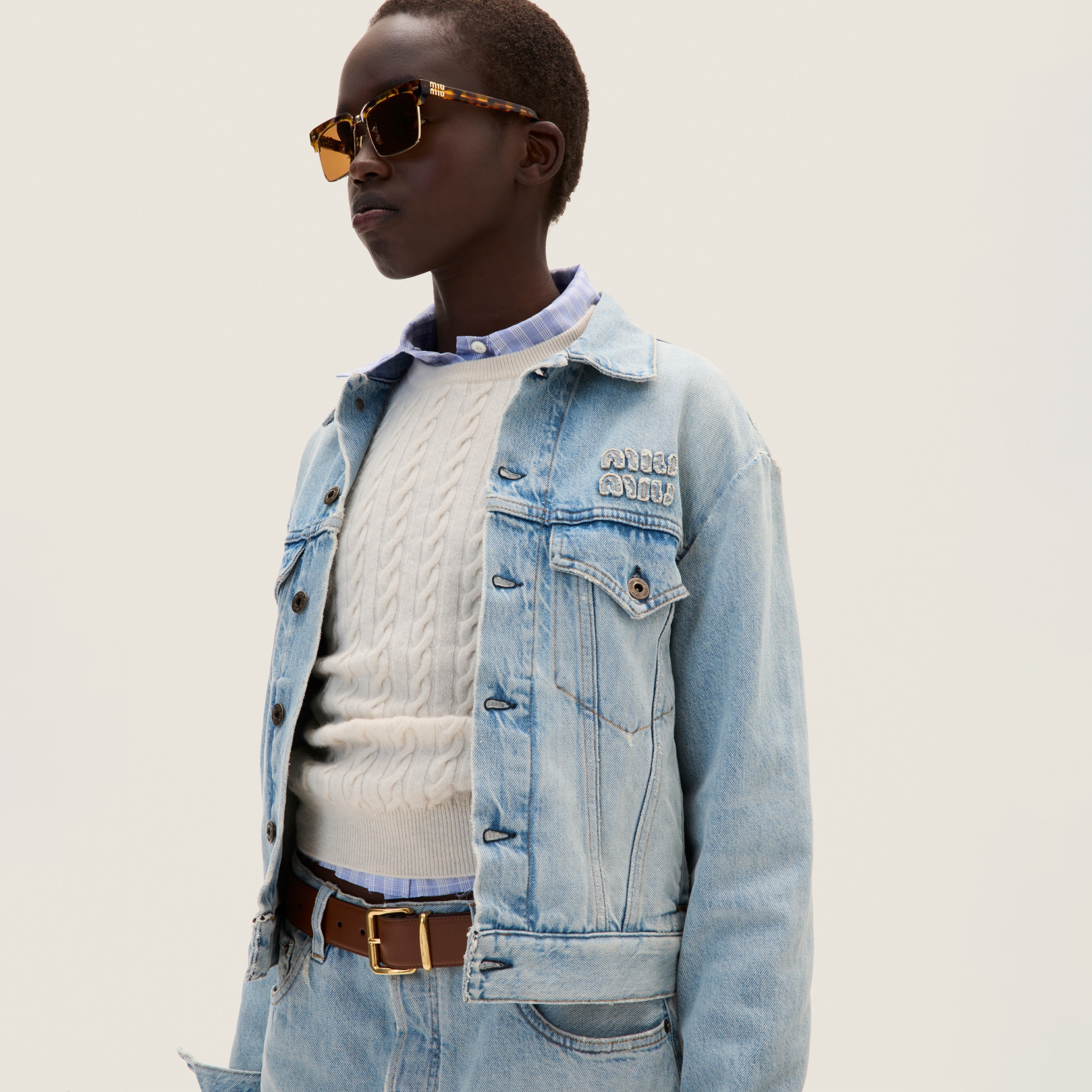 Sapphire Blue Denim Jacket With Embroidered Logo | Miu Miu