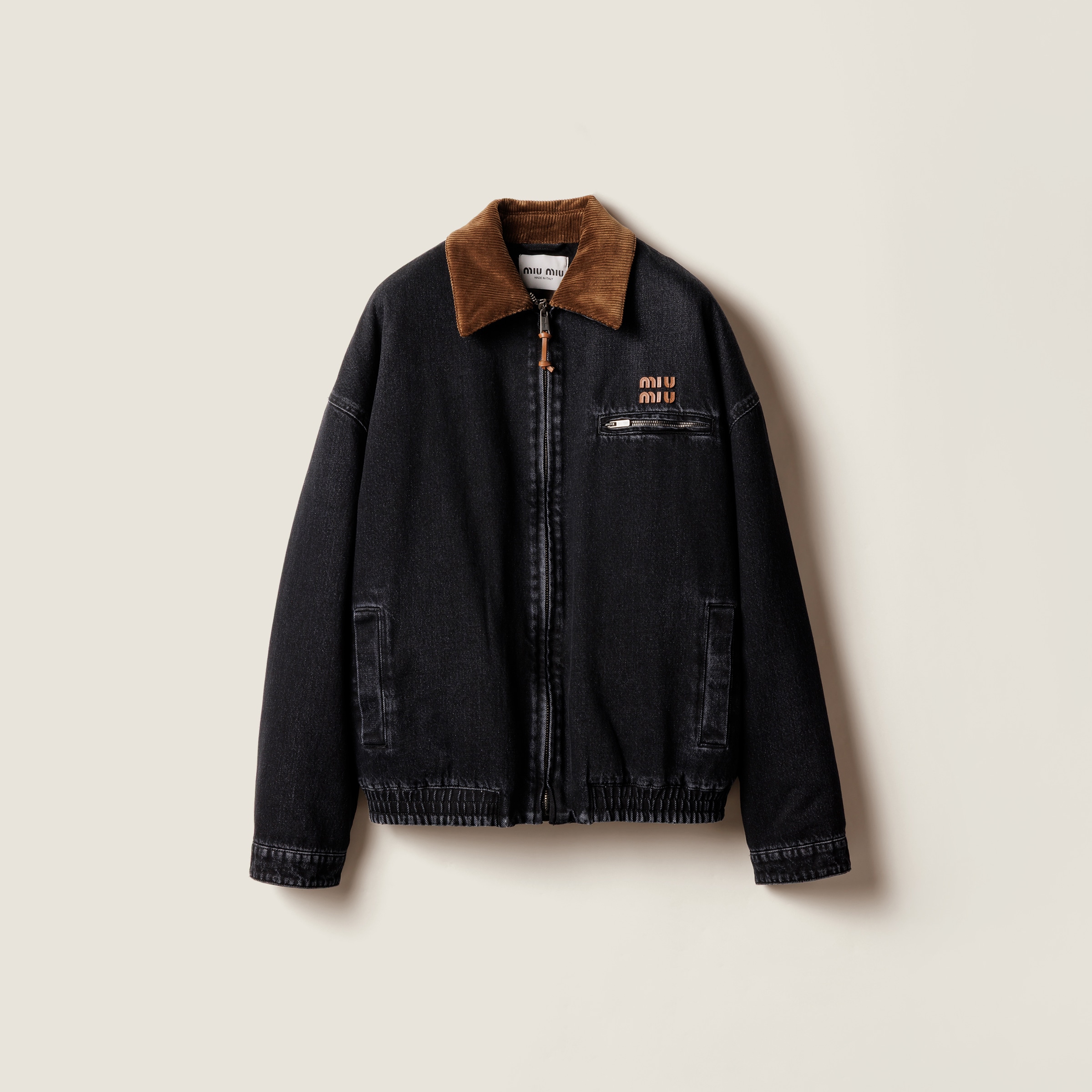 Miu Miu Logo-patch Zipped Denim Padded Jacket In Blue