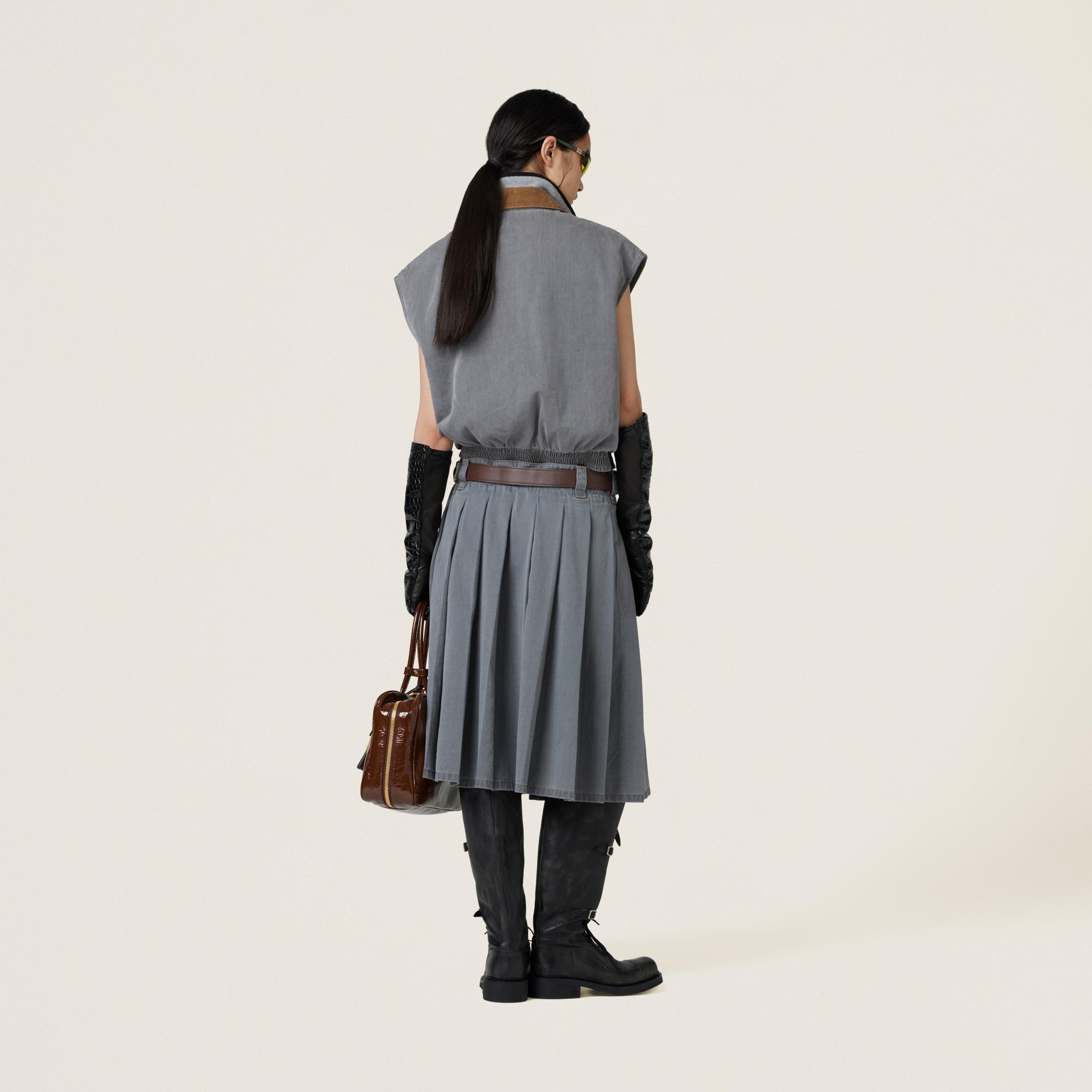 Miu Miu Chambray Blouson Vest In Grey
