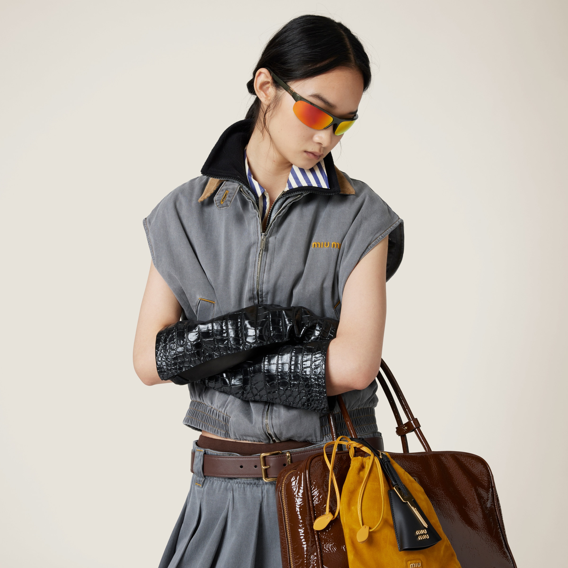 Miu Miu Chambray Blouson Vest In Grey