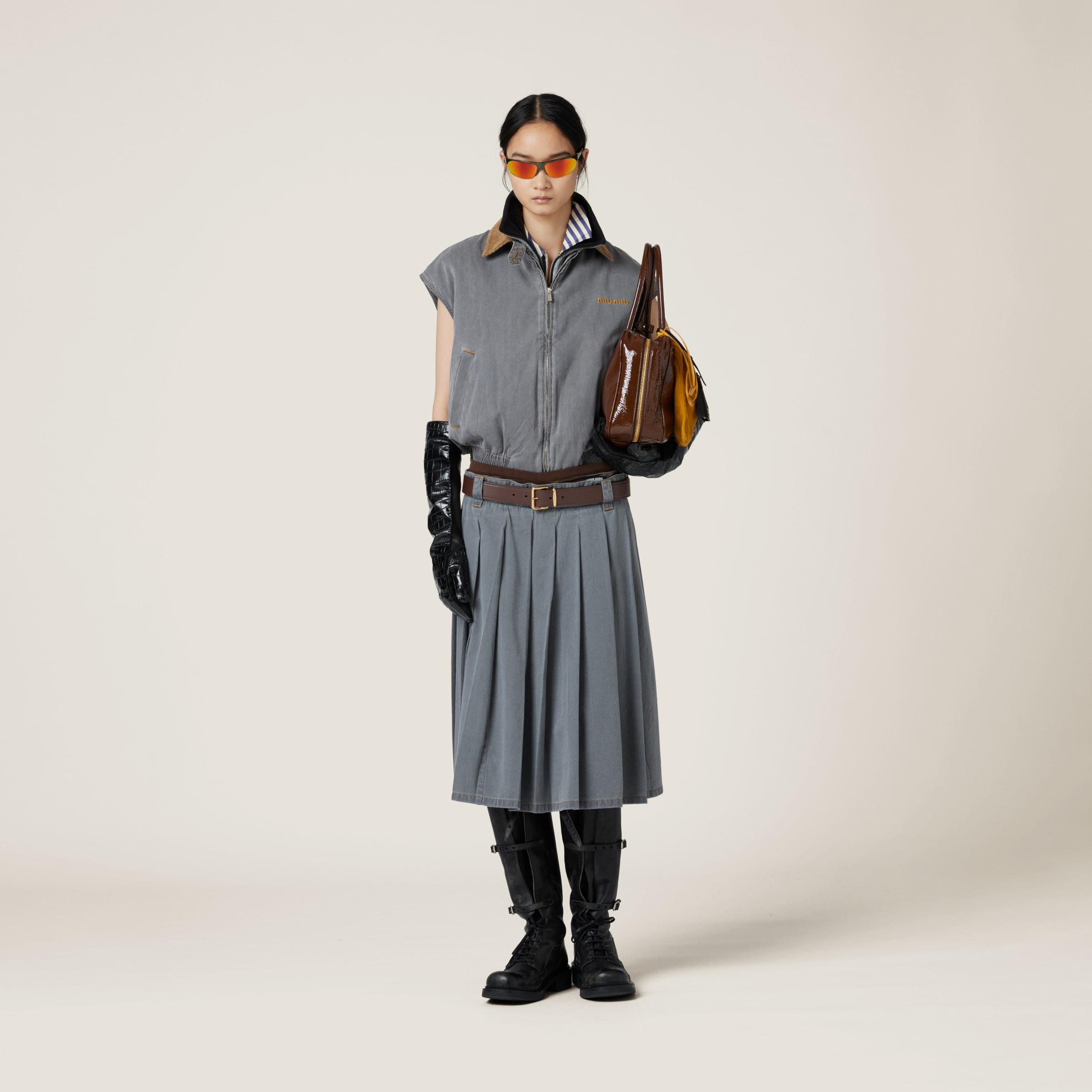 Miu Miu Chambray Blouson Vest In Grey