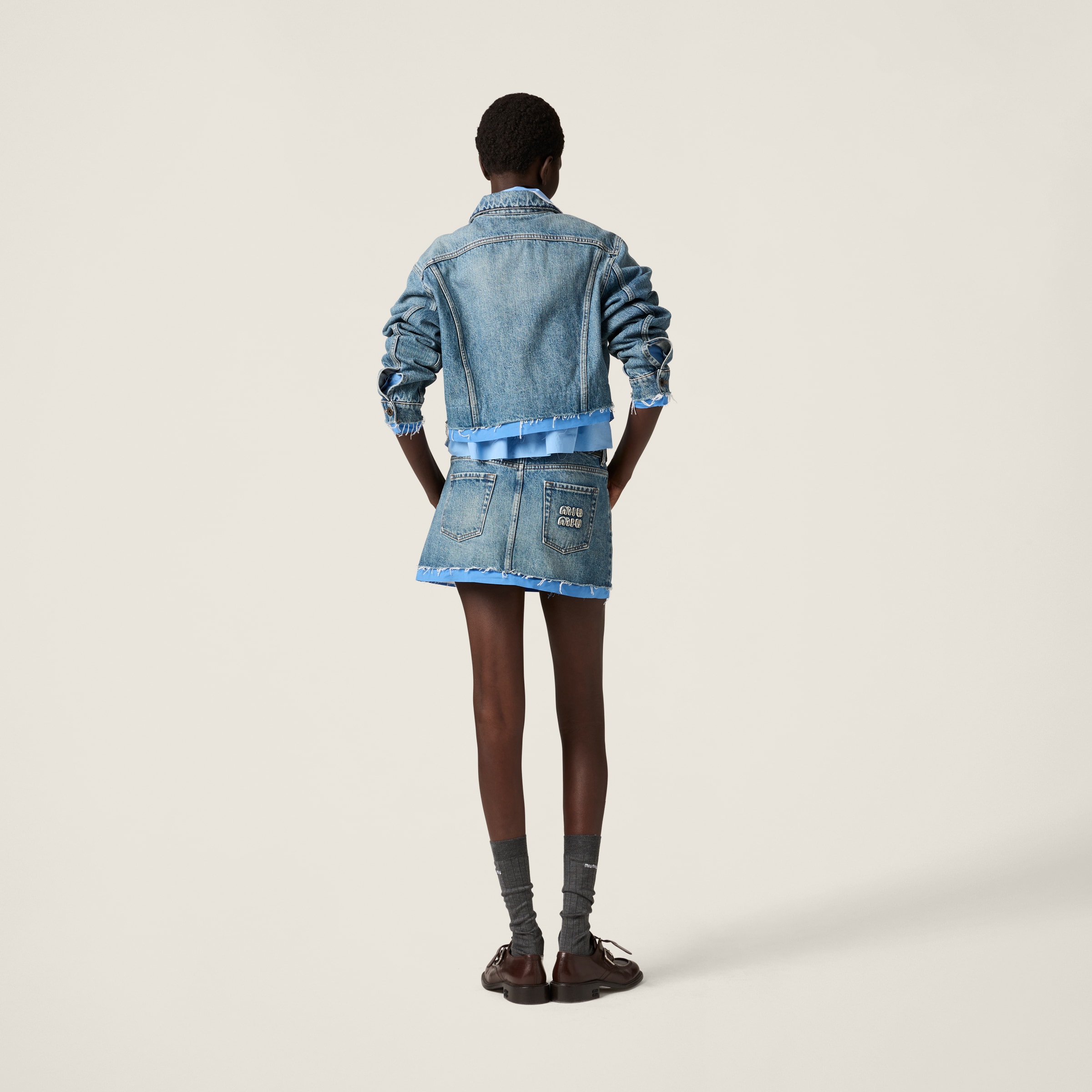Miu Miu Denim And Poplin Trucker Jacket In Sapphire Blue