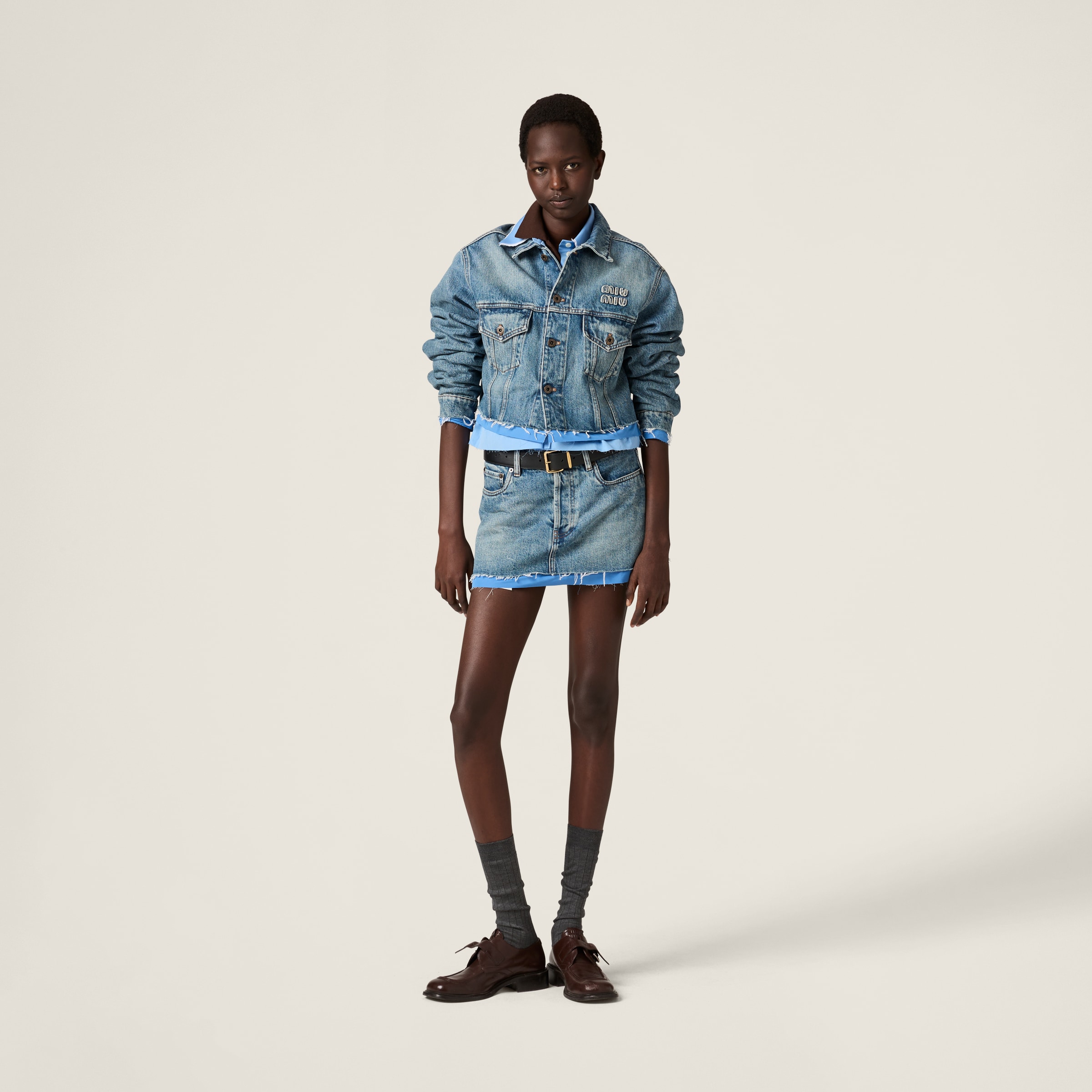 Miu Miu Denim And Poplin Trucker Jacket In Sapphire Blue