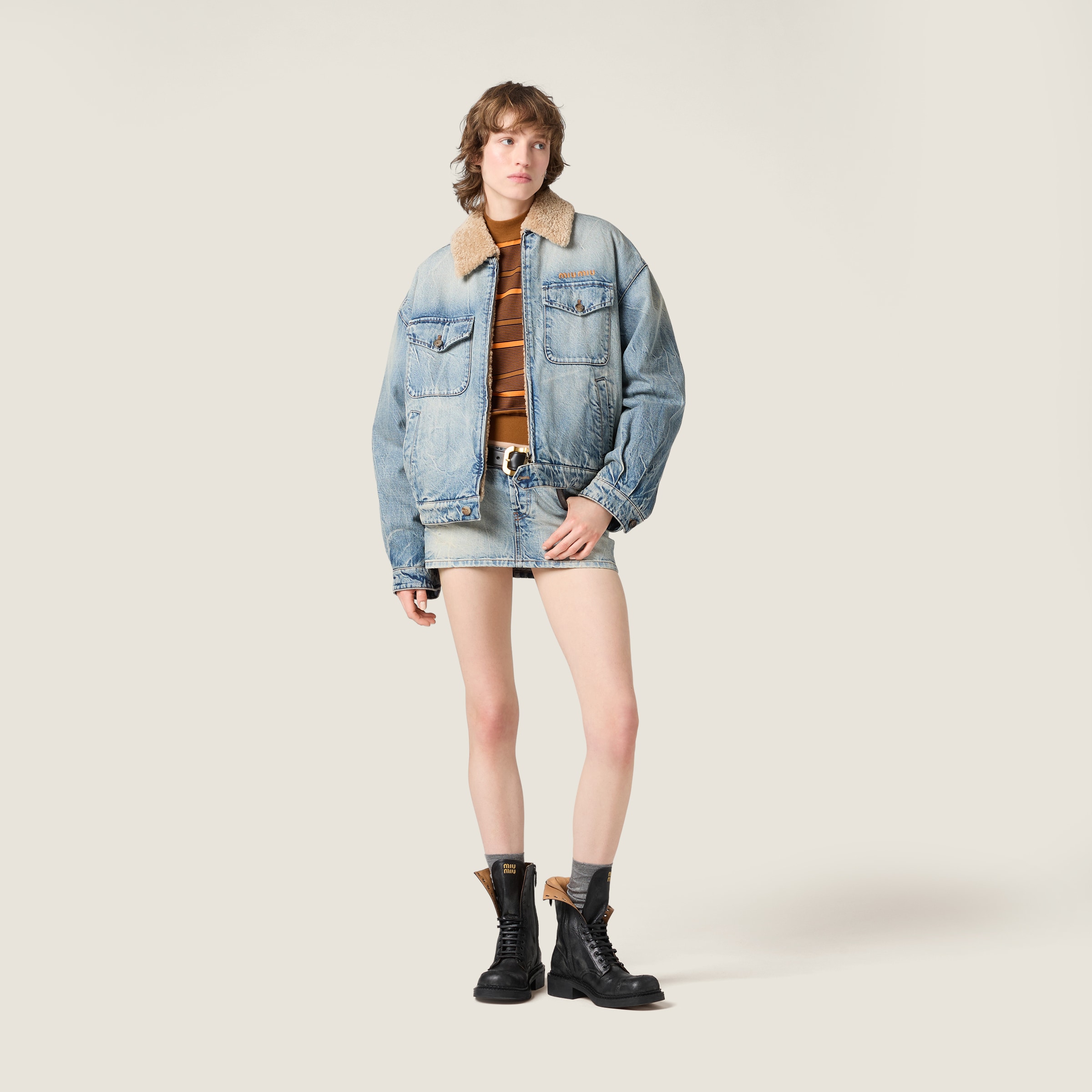 Miu Miu Denim And Shearling Trucker Jacket In Blue