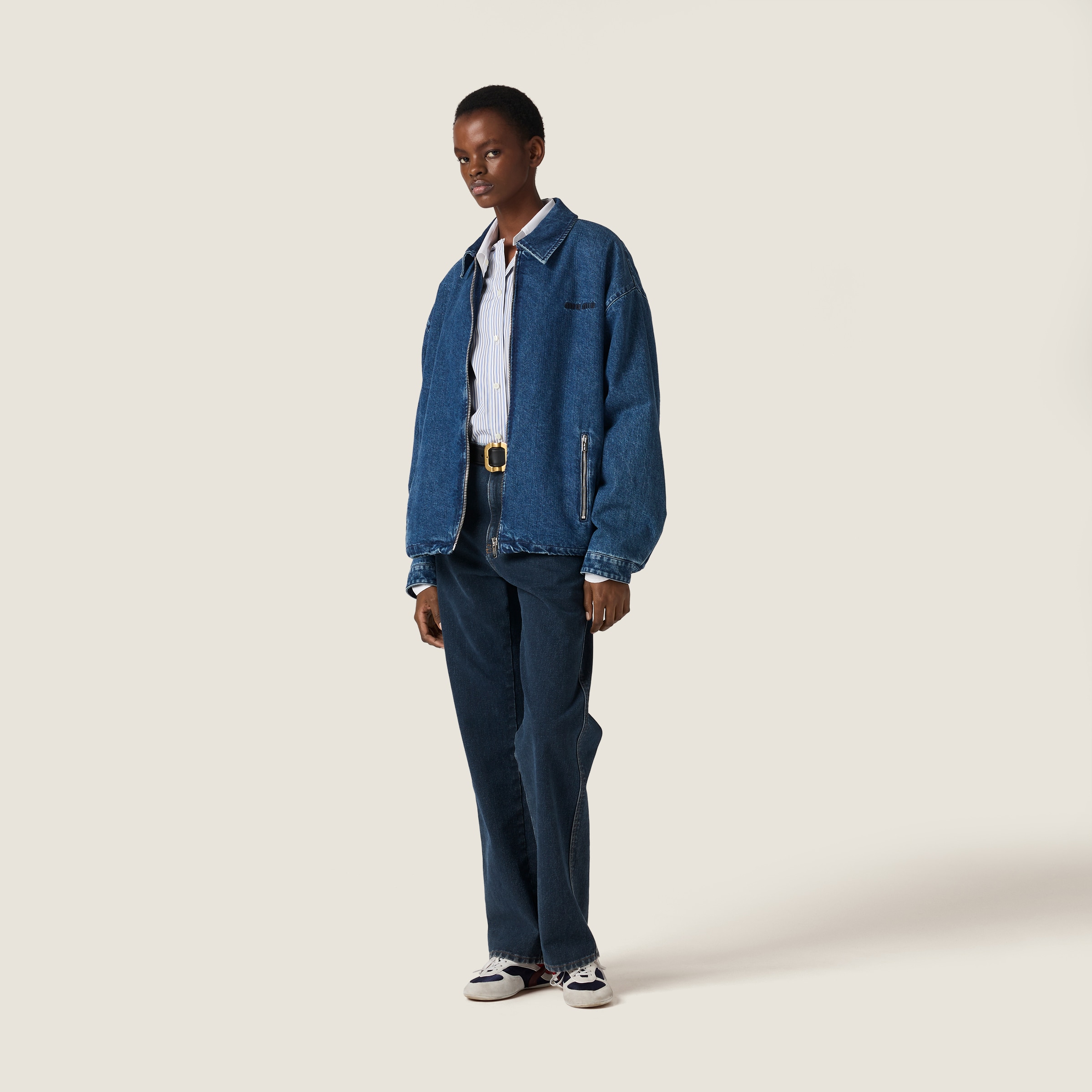 Miu Miu Logo-embroidered Denim Jacket In Blue