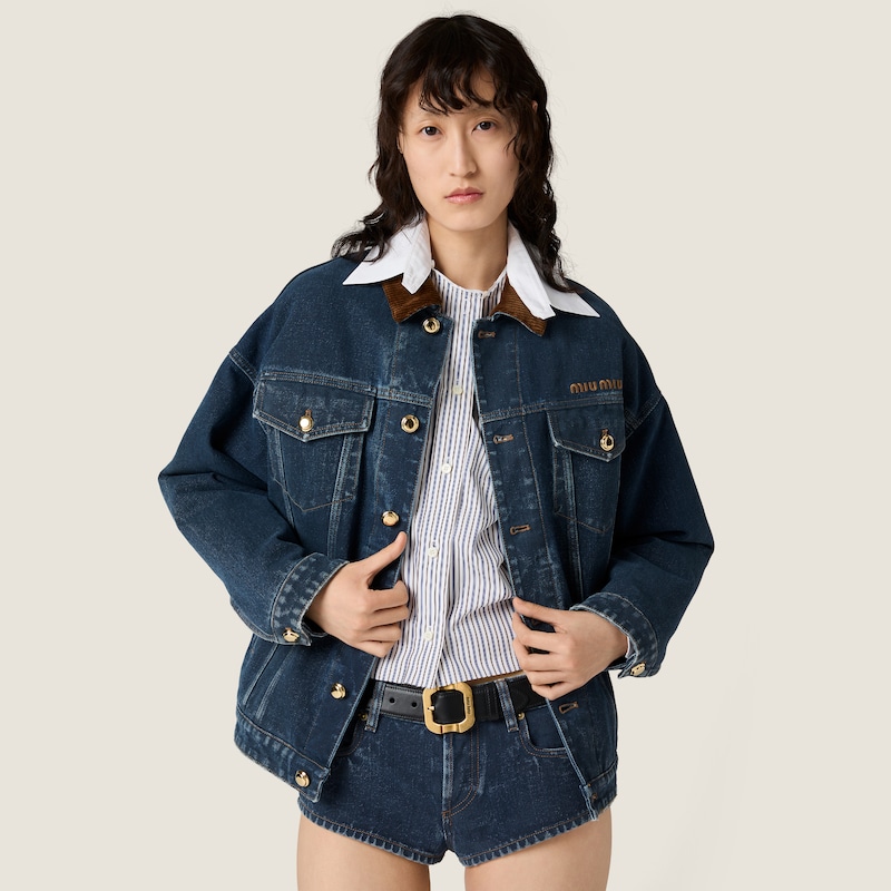 Flocked denim and velvet blouson jacket