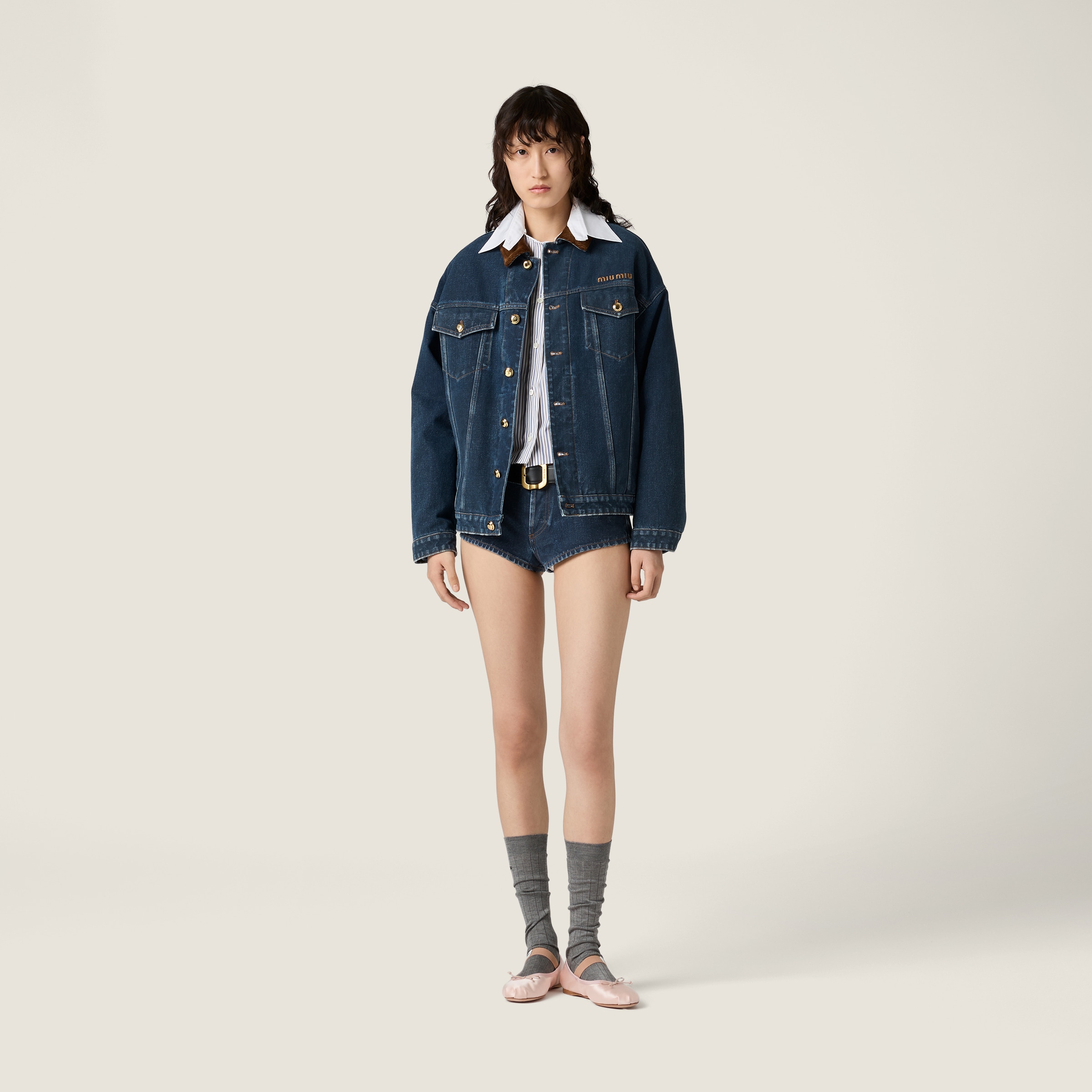ネイビー フロック加工デニムxベルベット ブルゾンジャケット