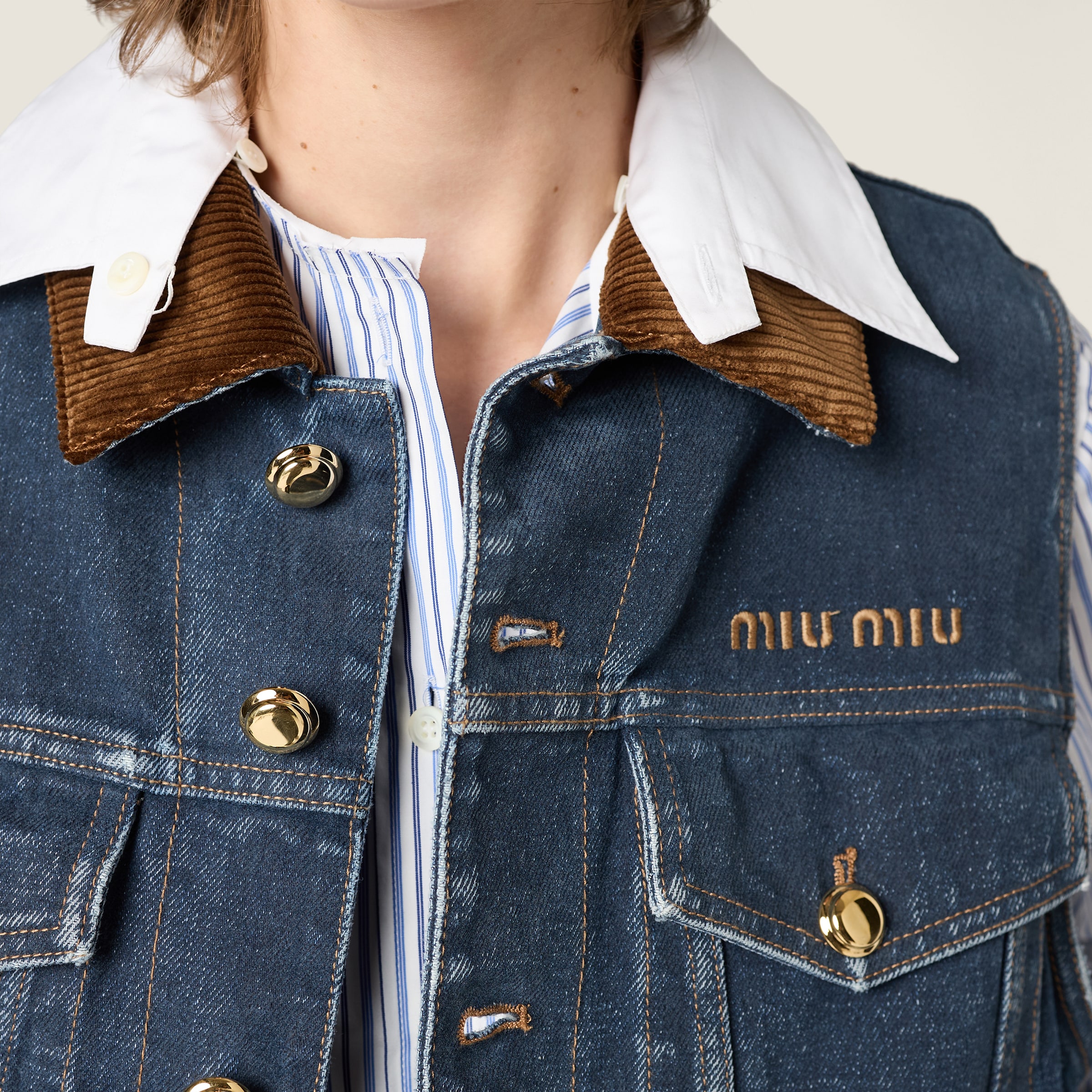 大人カジュアル【MiuMiu】フロッキングデニムベルベットベスト ネイビー フロックデニムxベルベット ベスト | Miu Miu