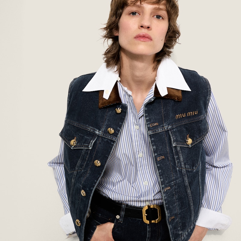 Flocked denim and velvet vest