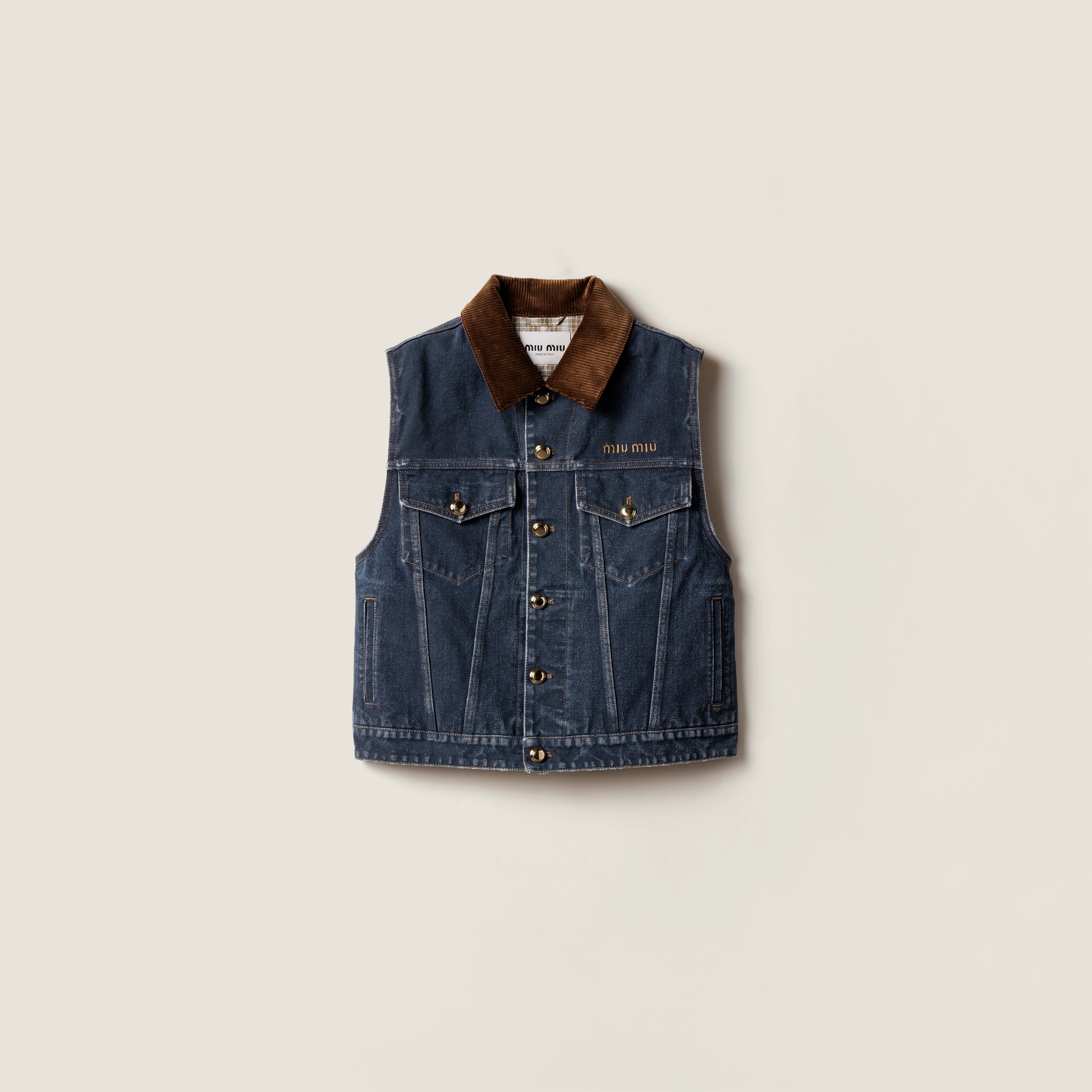 Navy Flocked Denim And Velvet Vest | Miu Miu