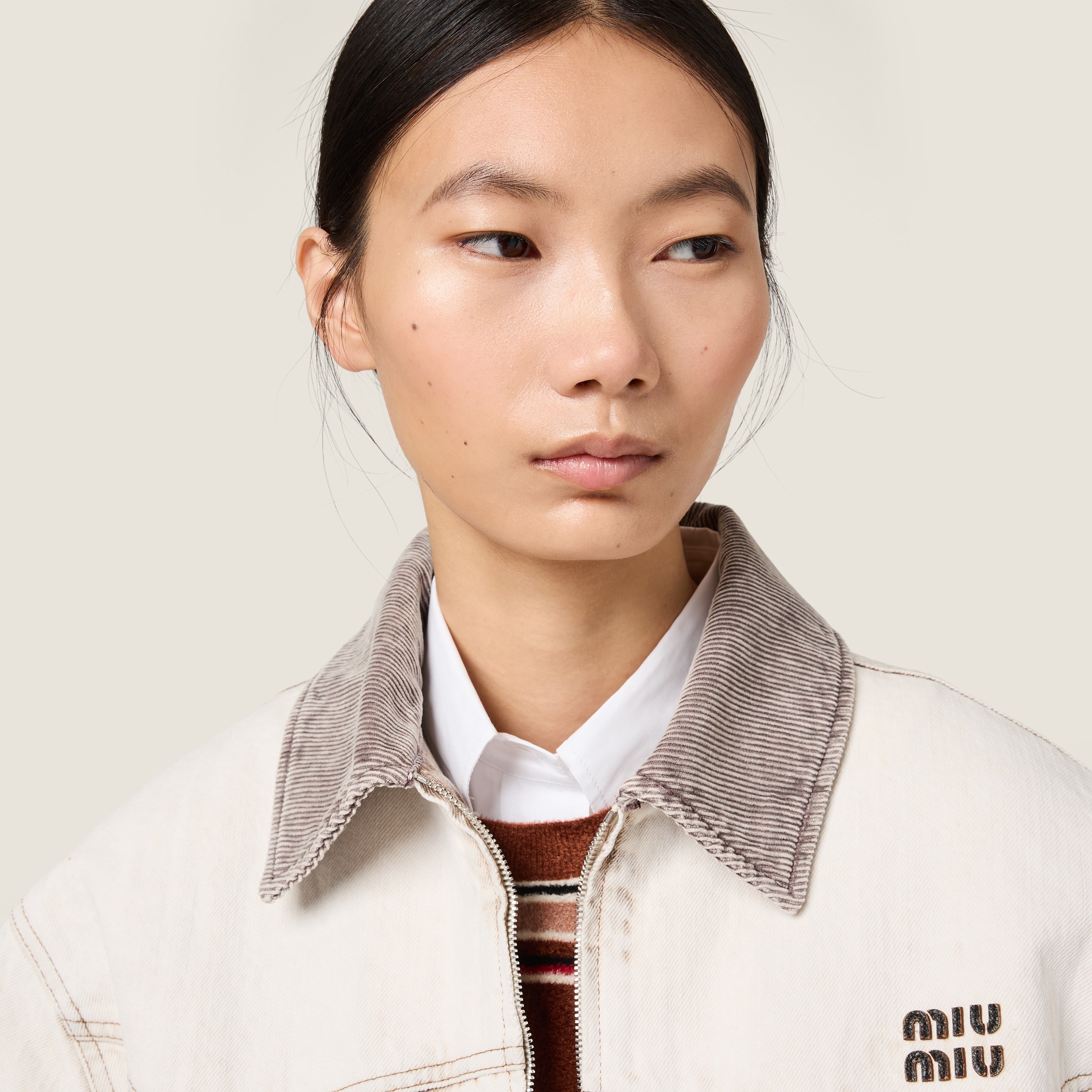 ホワイト デニム ブルゾンジャケット | Miu Miu