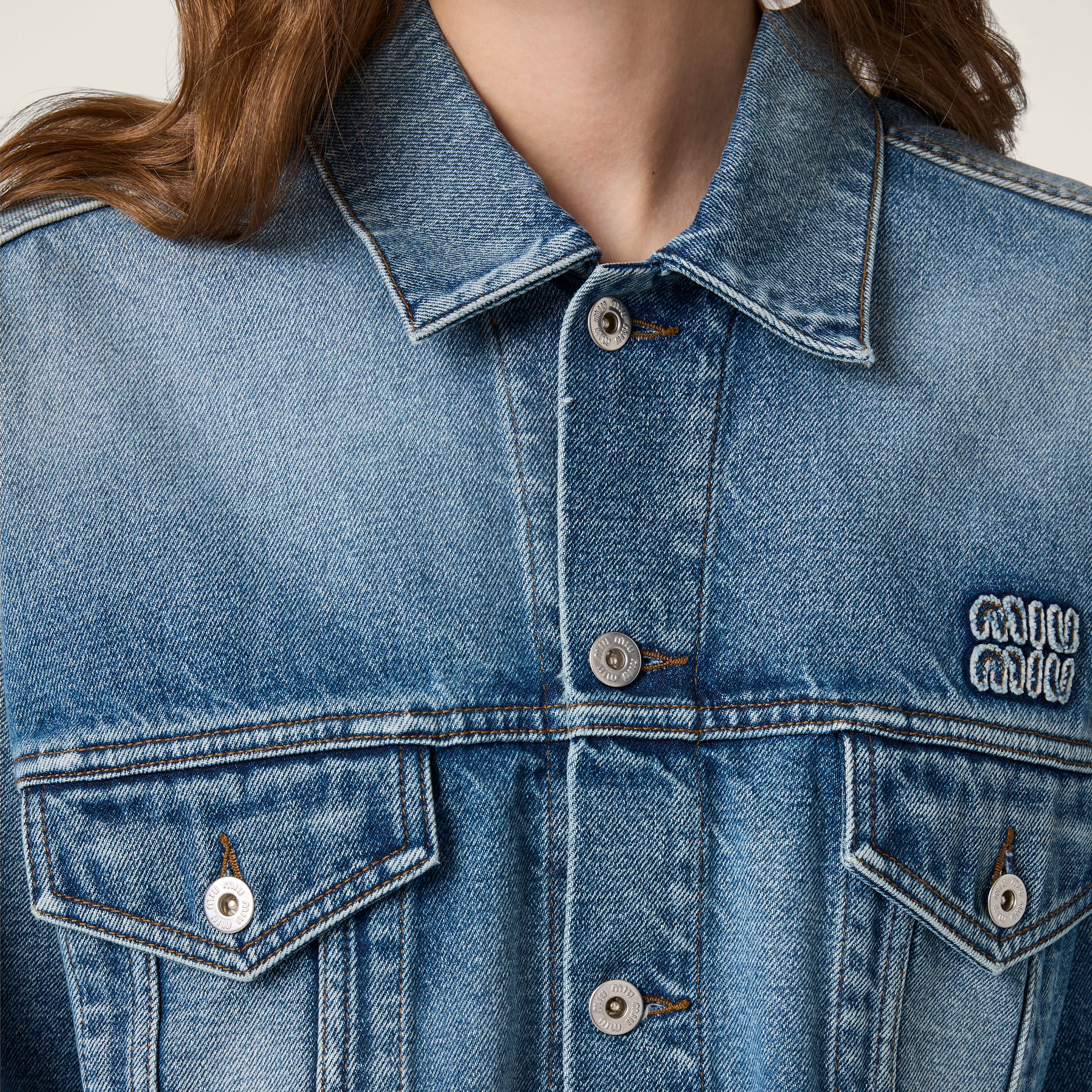 Navy Cropped Washed Denim Jacket | Miu Miu - United States