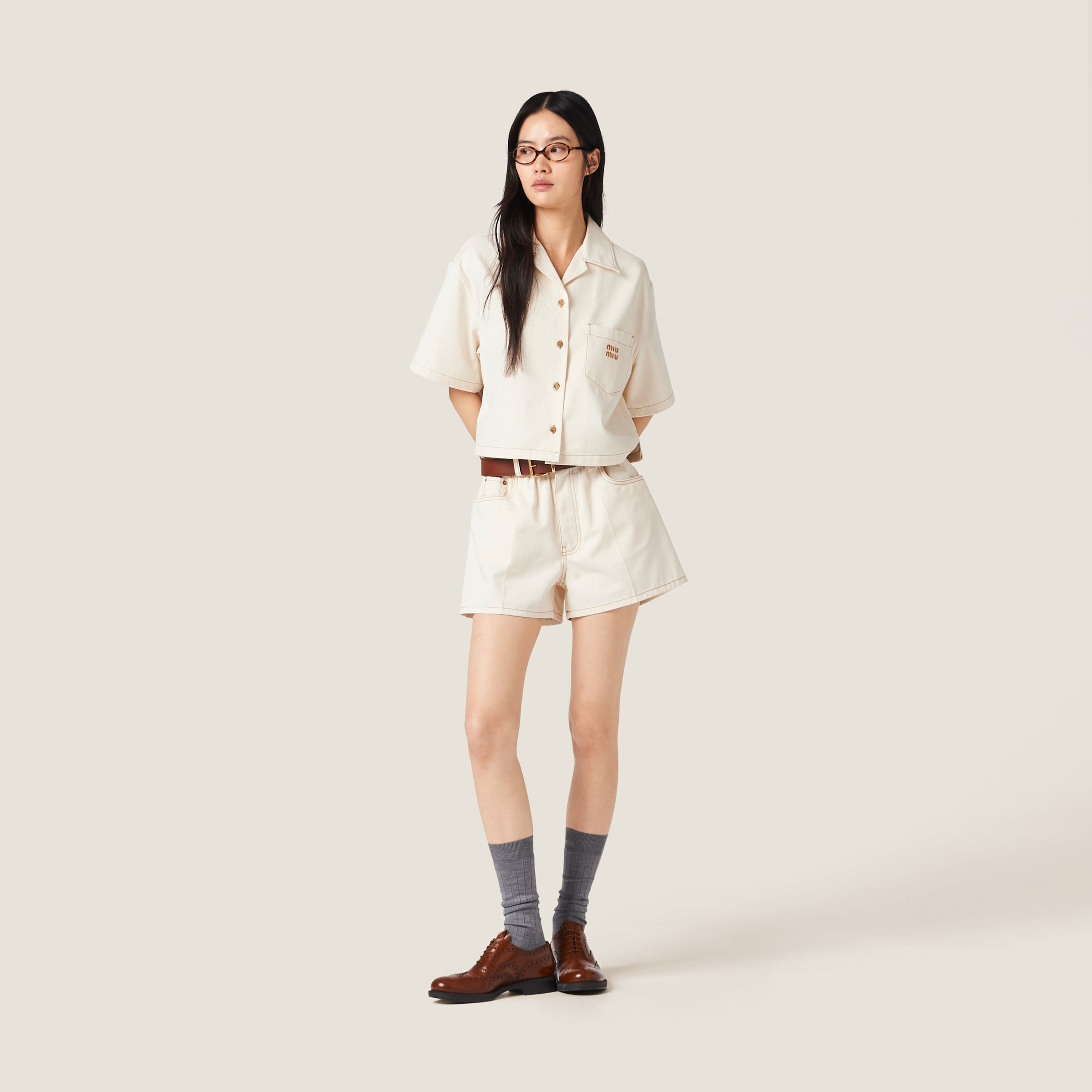 Shop Miumiu Denim Shirt In Natural